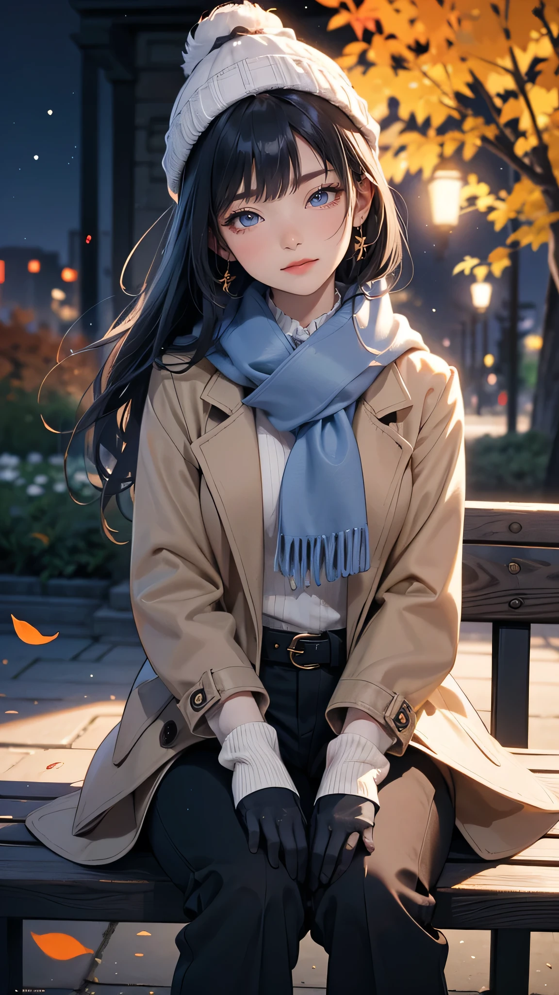 masterpiece, high resolution, beautiful woman, Korean Beauty, 30 years old, (Long coat, Sweater, scarf, pants, women belt, beanie, winter gloves ), (Black hair, twin bun), (Blue inner hair), beautiful woman, smile face, looking at me (high resolution face), (high resolution eyes), (The background is in the room)、(Sit on Park bench )、(Glare)、Feet Focus, Displeased, (Background : night, garden lamp, Garden, Tree, Red moon, fall, fallen leaves)