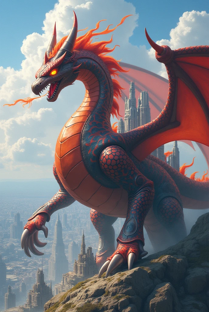 Medieval European castle,Dragons from the mouth of a dark volcano,Below the city wall are tens of thousands of tyrannosaur beasts,And led by them is a dark dragon god with a huge fire in his mouth,The Paladins on the walls of the city are waiting for them,The young prince is armed with a holy sword,Go to war against the dragons to protect their people