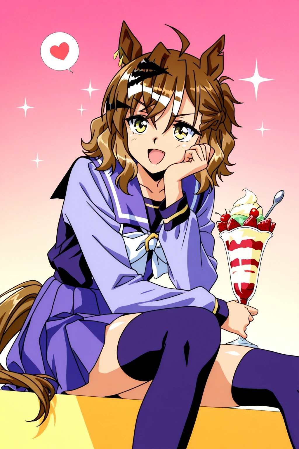score_9,score_8_up,score_7_up,score_6_up,score_5_up,score_4_up,source_anime,(solo:1.5), 
masterpiece,highest quality,Super detailed,8k,High resolution,an extremely delicate and beautiful,Official Art,Perfect Anatomy,(solo:1.5), Contrasting colors,octane rendering,Fully painted,anime coloring,anime screencap,Cel-shaded anime,retro artstyle,1990s \(style\),90s anime,90s anime style, perfect face,ultradeTailed eyes,beautiful,sexy,supermodel,athletic body,shiny skin,Dramatic light,(scale to fit the dimensions:1.2),
horse girl, brown hair, medium hair, ahoge, hair ornament, notched ear, horse tail, yellow eyes, multicolored hair, horse ears, wintertracen, school uniform, purple serafuku, purple shirt, sailor collar, white bow, long sleeves, purple skirt, pleated skirt, purple thighhighs,
parfait, open mouth, heart, food, sparkle, fruit, happy, hand on own face, spoken heart, ice cream, strawberry, spoon, hand on own cheek, cherry, holding spoon,