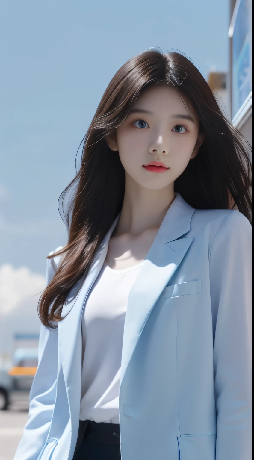 A girl,Beauty and Fashion,long white curly hair,Blue highlights light blue sports jacket,White T-shirt underneath,crossbody bag,Background blue sky and white clouds,Half-length photo,Close-up of face,perfect Eye,Motion capture,Exquisite graphics