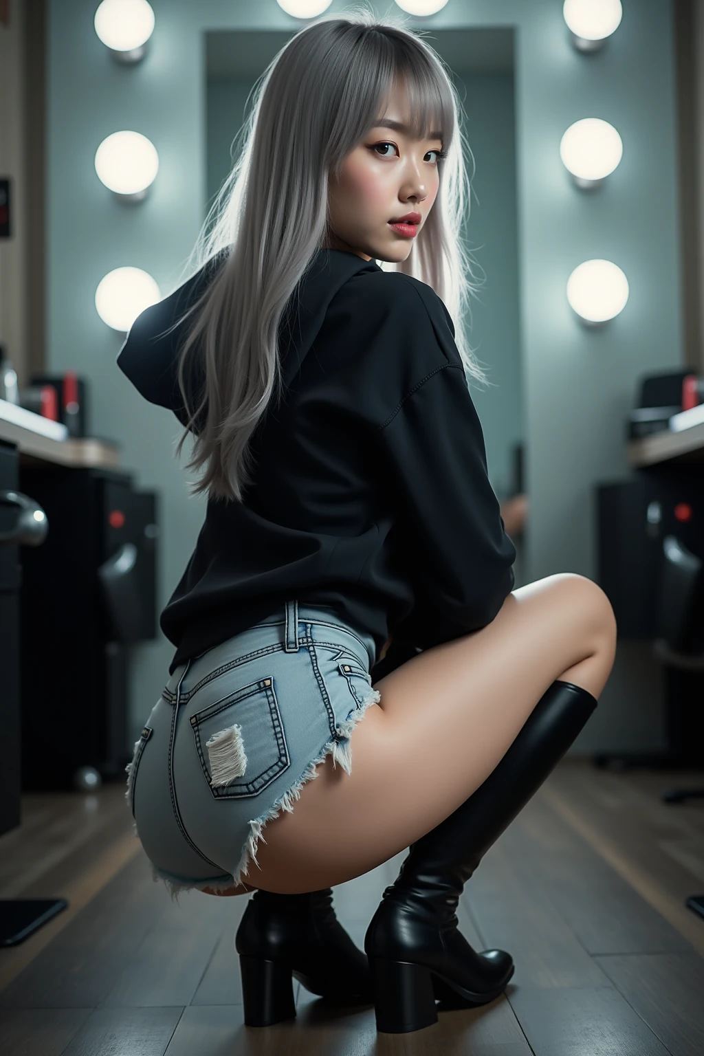 8k, Obra maestra, Foto RAW, La mejor calidad, detalle:1.2), foto realista, Fondos de pantalla CG unificados 8k extremadamente detallados, Profundidad de campo, cinematic light, Destello de lente, Trazado de rayos, (cara extremadamente hermosa, labios hermosos, Hermosos ojos), Cara de detalle intrincado, ((Piel ultra detallada)) 1girll, A oscuras, sombra profunda, Bonita chica coreana, Kpop idol, (Cuerpo musculoso muy delgado y delgado:1.3), ((Ver el visor)), (gran sonrisa), (Noche de la ciudad, (Neon light sign), (Noche), Bonita chica coreana, Pendientes, brazalete, pulsera de tobillo, collar, sin pantaletas, ojos claros, Mira a los espectadores, (Pale skin), (ojos grandes), (Disparos mitad cuerpo) (Cuerpo Completo de Pie), De Pie Parada, (De Pie), Mini vestido de seda morado, Go back, (Tiro trasero), Enfoque de trasero, (Tiro trasero), (Focus on the butt). Disparo trasero