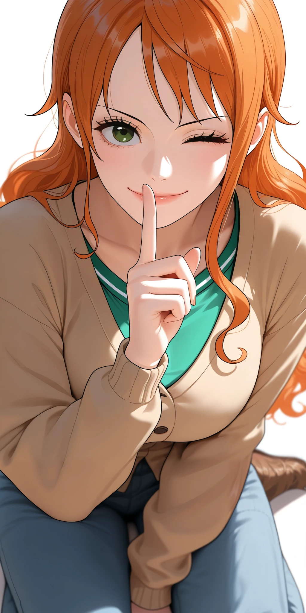 masterpiece, best quality, amazing quality, 1girl, nami, one piece, cardigan, shirt, green eyes, orange hair, slight wavy hair, long hair, sidelocks, smile, close mouth, hand up, shushing, one eye closed, looking at viewer, full body, sitting, w sitting, close-up