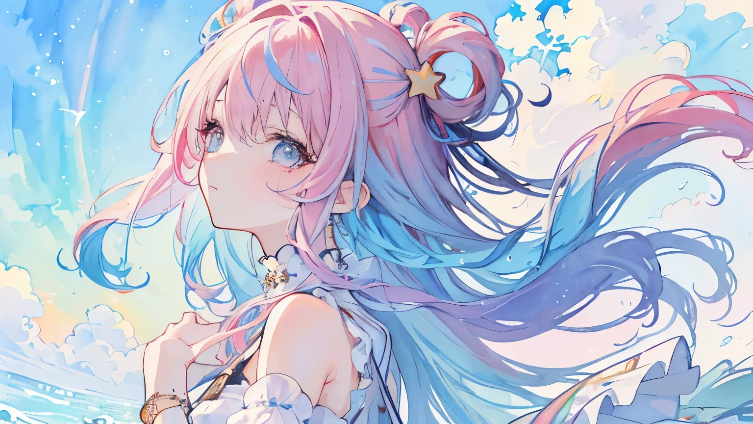( Masterpiece, top quality, top quality,watercolor ( medium), official art, beautiful and beautiful :1.2),( 1 girl:1.3), ( fractal art:1.3), upper body, from side, watches viewers,patterns,( rainbow colored hair , colorful hair, Half blue and half pink hair:1.2), crying, water,liquid, cloud, colorful, star空,star,