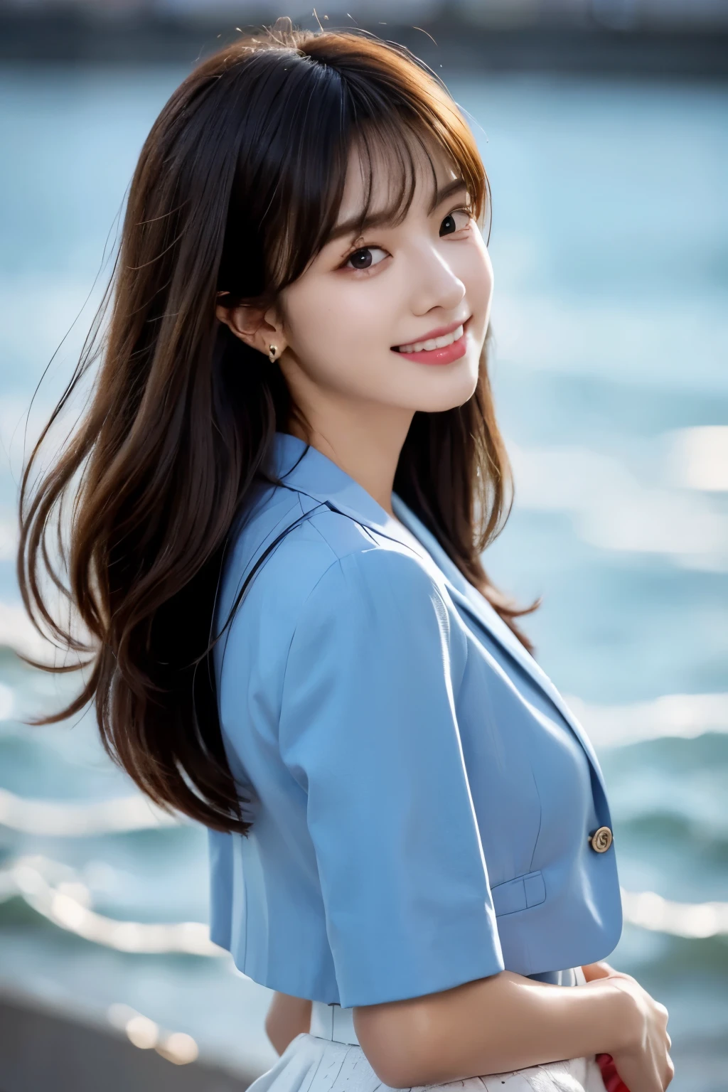 Woman standing in the sea as the sun rises、Sea at dawn、(Wearing a navy blue blazer、Wearing a white blouse、Wearing a red flared skirt)、Wearing pumps、The wind is blowing、A bag is hanging from the right shoulder、Beauty、20-year-old、university student、Uniform, cool-looking eyes、Well-balanced proportionedium build、Small face、Small breasts、Small Ass、The neck is short、Uniform left and right eyes、, black hair, long hair, messy hair, floating hair, earrings, parted lips, happy, seductive smile, symbol-shaped pupils, Surrealism, Verism, cinematic lighting, first-person view, f/1.2, Nikon, UHD, best quality, highres, 8k, anatomically correct, textured skin, high details