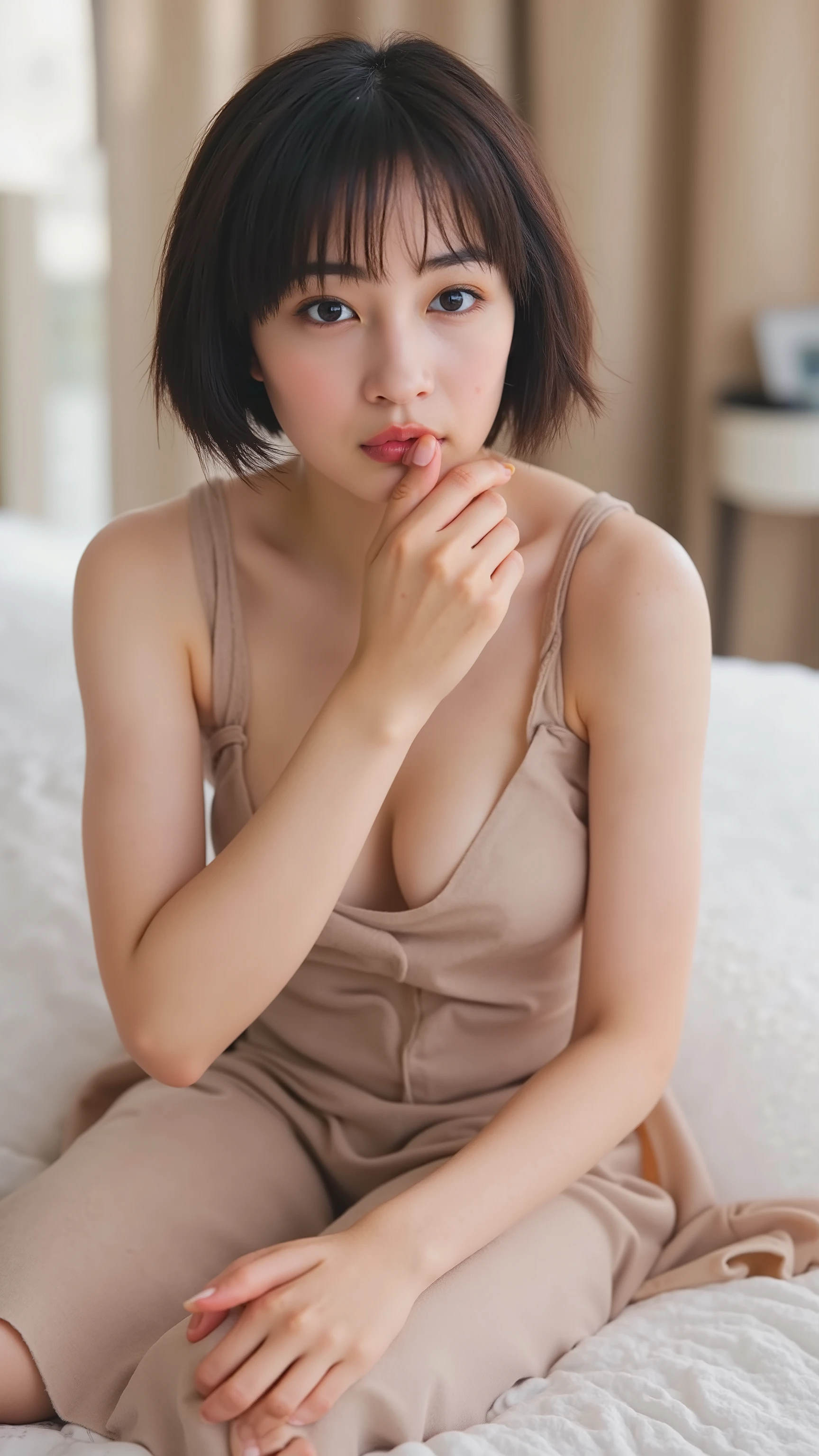 ((whole body from thighs:1.5)), ((Photorealism)),
((highest quality, 8k, masterpiece: 1.3)), Perfect body beauty: 1.4, (Breast A cup:1.5), Small breasts, Round shaped breasts, Perfectly shaped breasts, Highly detailed face, Beautiful woman, Slim face, Highly detailed face and skin texture, Highly detailed lips, highest quality, masterpiece, 超A high resolution, (Realistic:1.4),
((28 years old, Beauty stewardess)),
((Knee-length tiered dress, Do not expose skin:1.5)),
((Cute Earrings, Silver Necklace)),
((Luxury Resort Hotel, sit on the carpet in the living room, I can see your beautiful thighs:1.5)),
((Sexy atmosphere, Gaze seducing a man, hold out your lips, A sigh escapes:1.2)),
((Point slightly upwards)),
((Squint your eyes)),
((purse your lips:1.2)),
((Blushing:1.2)),
((Open your mouth a little to show your white teeth)),
((Body facing forward)),
((Breast enlargement, Beautiful breasts, Cover your chest with your palms)),
Narrow shoulders, Long, slender legs,
Ultra-detailed skin, Glossy Skin, Ultra detailed face,
Ultra-detailed eyes, Slit eyes, Brown eyes, double eyelid, Beautiful thin eyebrows, Thin, long eyelashes,
Ultra-detailed lips, Fuller lips, Glossy pink lips, Flushed Cheeks, White teeth,
Beautiful actress's languid make-up, Pink lipstick, Smoky eyeshadow, Eye foundation,
Dark brown hair, Delicate and soft hair, Hair blowing in the wind,
(Elegantly putting your hair up, short hair, Straight Hair:1.5), Layered Cut, (Blunt bangs:1.2),