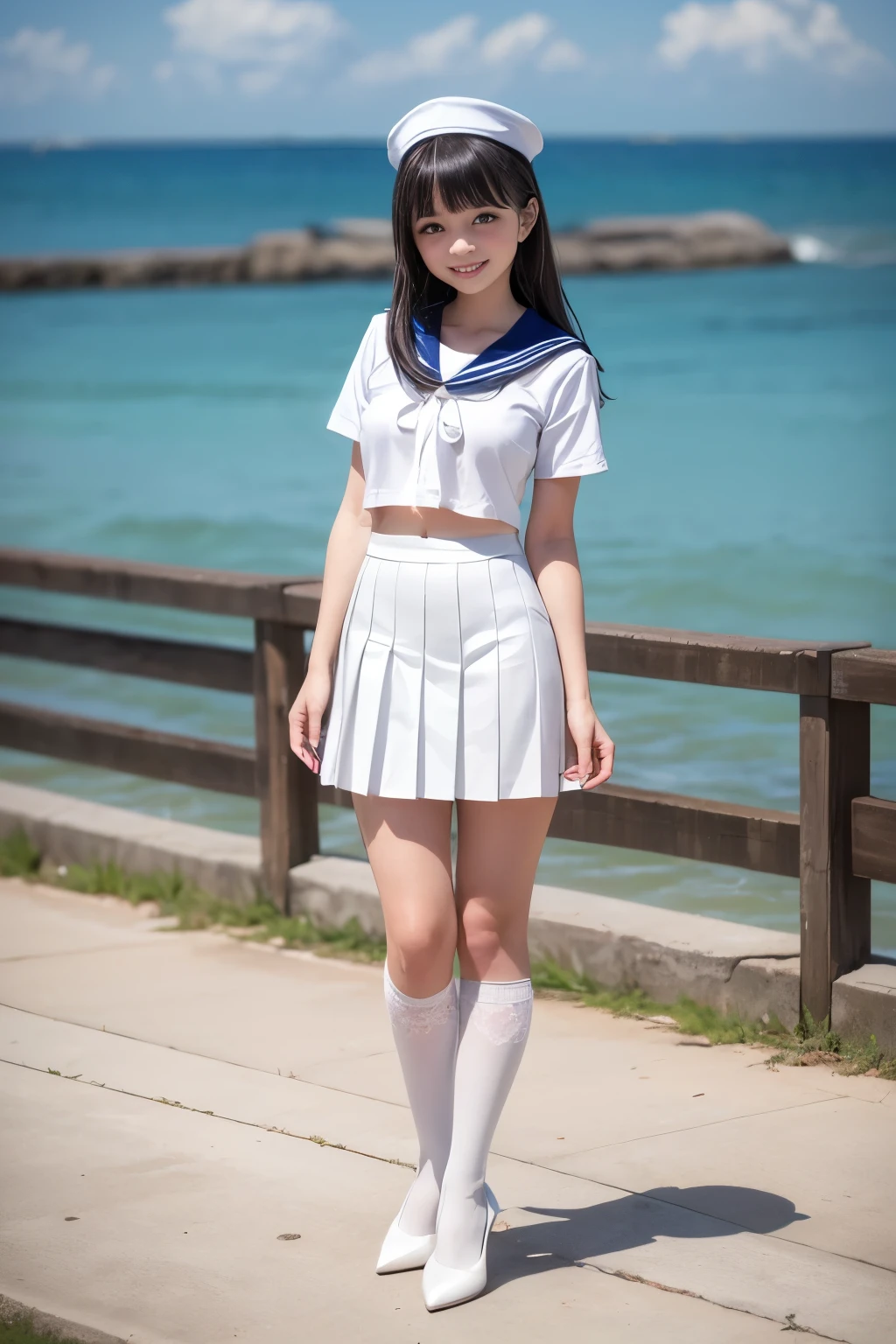 Best quality, full body focus, full body shot, perfect face, soft light, ultra high res, 8k, Masterpiece, , , view the viewer, full body , Front view, (1girl), , Cute face, (blue eys:1.5), (Light Blonde Medium hair, Bangs), beautiful (Medium breasts:1.2), , Beautiful boob, Beautiful finger, Beautiful hands, Beautiful arms, Beautiful feet, Beautiful legs, (high resolution detail of human skin texture) , ((white Short sleeves sailor uniform, white pleated skirt, knee-high socks, white with lace trim, white pin high heels)), , Summer, Sea Side,, , (( standing, , smiling, nose blush) , )) , ,score_9, solo, no bra, no panties, ,