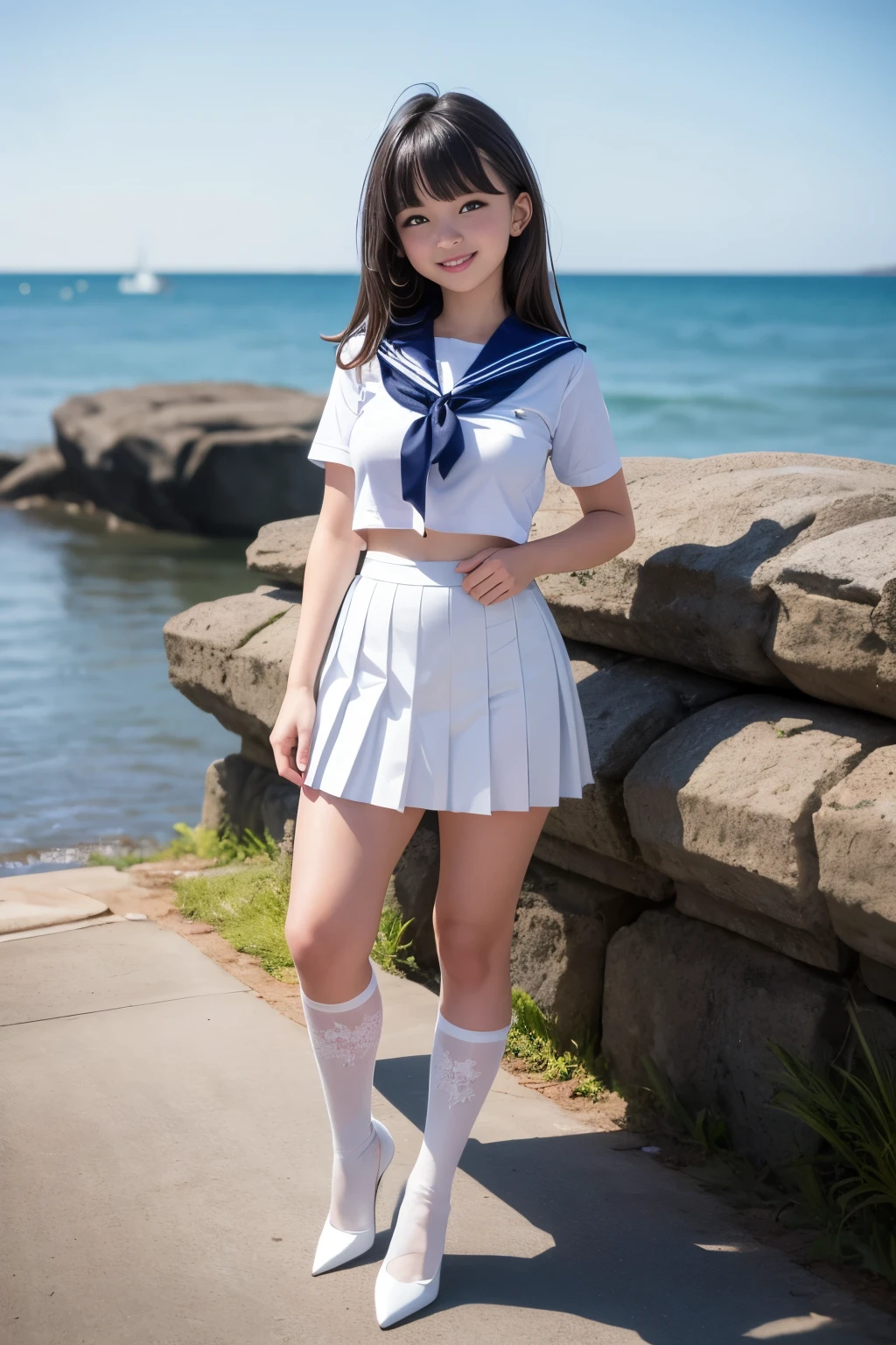 (18yo, young, cute:1.3), (japanese  1girl idol:1.2), ultra highres, real skin, hyperrealism, glistening skin, professional photograph, (absurdres:1.4), 8k, (RAW photo:1.2), (extremely detailed clothing), (extremely detailed legs), best quality, ultra detailed, absolutely resolution, (face is shiny:0.8), (shiny skin:0.8), best hands, nice hands, perfect hands, BREAK、Retro art style, Clean brush strokes, Very detailed, Perfect Anatomy, Browsing Caution), Sexy sitting, Black hair Long hair fluttering in the wind, Bright smile, Tabletop, (Penetration: 1.2), For an attractive body, Sweat:1.4, ((Short-sleeved sailor uniform, Sweatで透けている:1.4)), ((The navy blue pleated skirt of the uniform is blown up by the wind)), ((Sit with your legs wide apart、With both hands she lifts her pleated skirt to reveal her white panties)),(white loose socks:1.4)
White lace panties、Crotch fabric、White panties with ruffles at the edges、Panties with ribbon on top