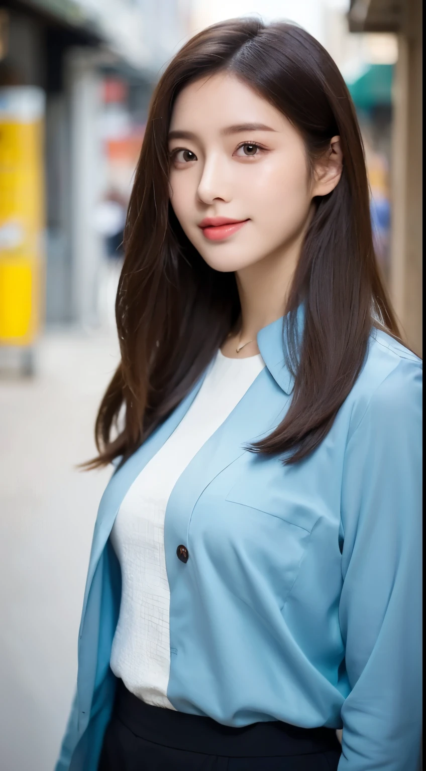 （（best quality，8k，tmasterpiece：1.3））， 1girll， ssmile， Slim Faces， Beautiful woman， （dark brown  hair）， Hanfu ：1.1， Super detailed face， Detailed eyes， double eyelids， blur backgroun， Slim Faces， City，  outside， the street，The upper part of the body，long white hair