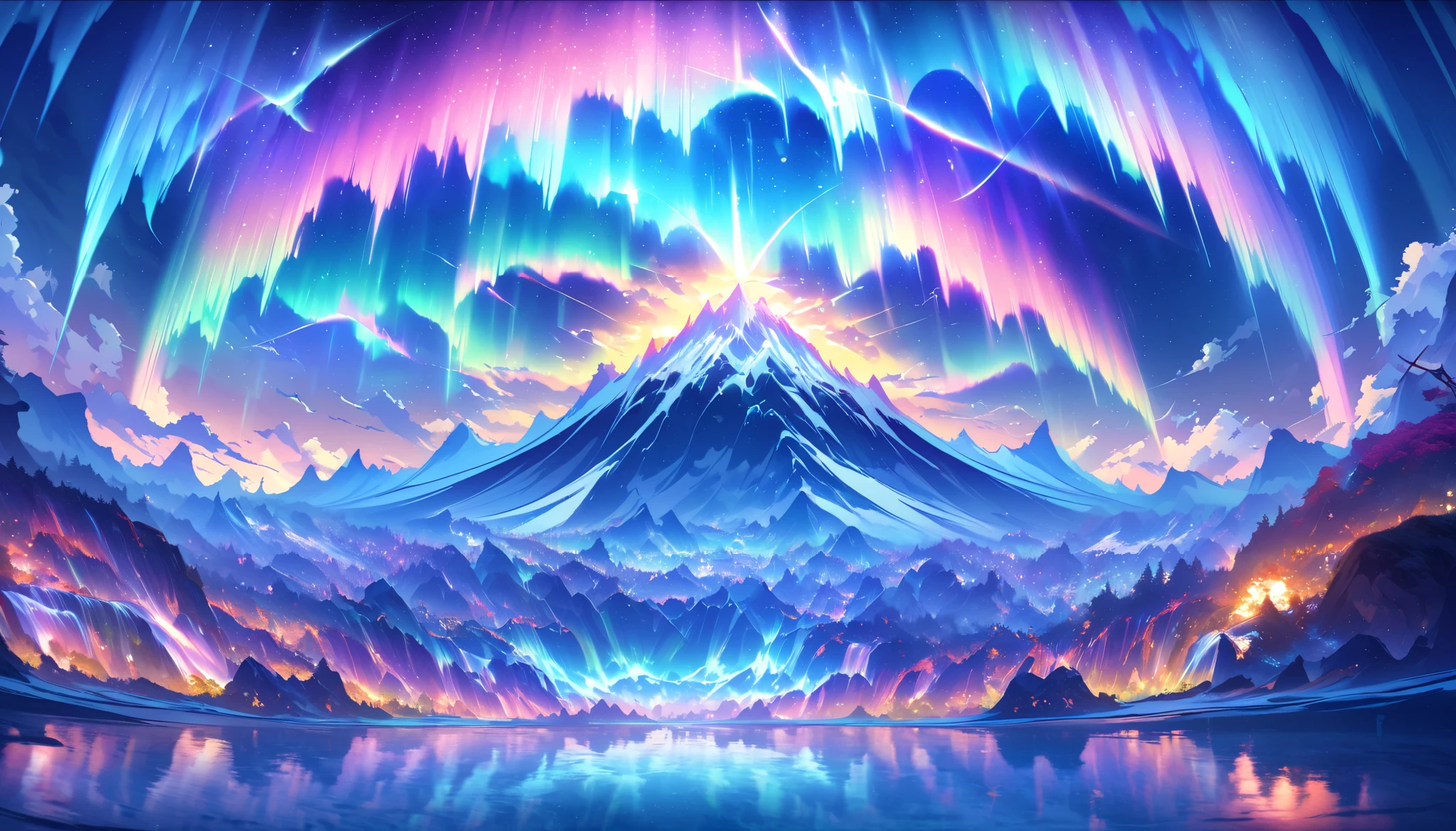 paradise, colorful,A dreamy fantasy landscape,Extremely Coloured Scenery, cloud, light piercing through the cloud,Spectacular and majestic views, shot with a fisheye lens , Large planets and auroras are visible in the sky,Multiple beautiful waterfalls,Water surface reflection, Serene waterfall,flower々, quiet atmosphere, Richness in details, Surreal Beauty , magical aura, Fantasy Scenery , high quality digital art , vibrant colors, amazing lighting , A fascinating scene , Artistic Expression, A sense of another world, Beautiful brushwork, Spectacular views, Peaceful serenity , x} Immersive Experience , Breathtaking Scenery , Picturesque Scenery , Mysterious charm, Mysterious Atmosphere , nuance, Magical Dreams.No people appear,
