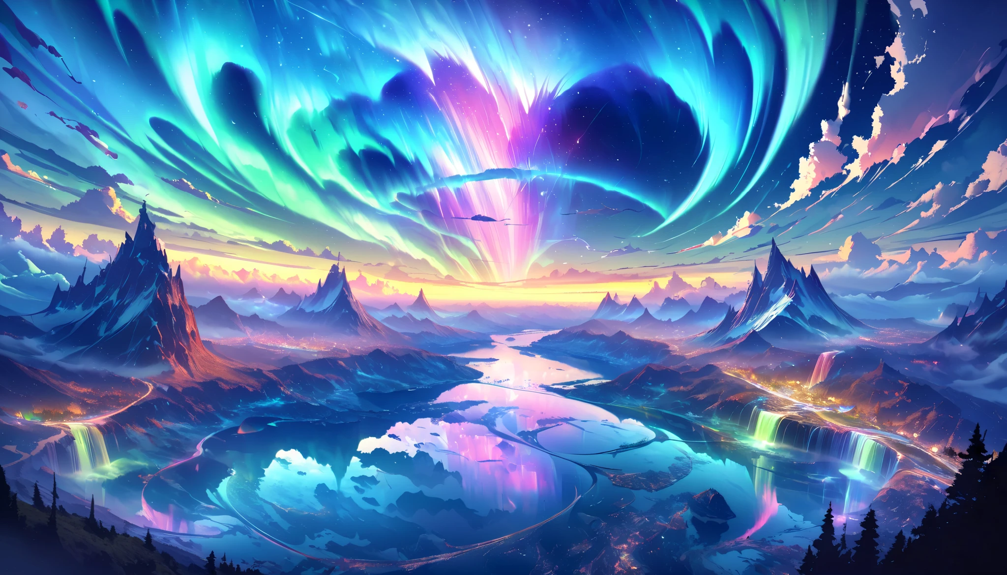 paradise, colorful,A dreamy fantasy landscape,Extremely Coloured Scenery, cloud, light piercing through the cloud,Spectacular and majestic views, shot with a fisheye lens , Large planets and auroras are visible in the sky,Multiple beautiful waterfalls,Water surface reflection, Serene waterfall,flower々, quiet atmosphere, Richness in details, Surreal Beauty , magical aura, Fantasy Scenery , high quality digital art , vibrant colors, amazing lighting , A fascinating scene , Artistic Expression, A sense of another world, Beautiful brushwork, Spectacular views, Peaceful serenity , x} Immersive Experience , Breathtaking Scenery , Picturesque Scenery , Mysterious charm, Mysterious Atmosphere , nuance, Magical Dreams.No people appear,