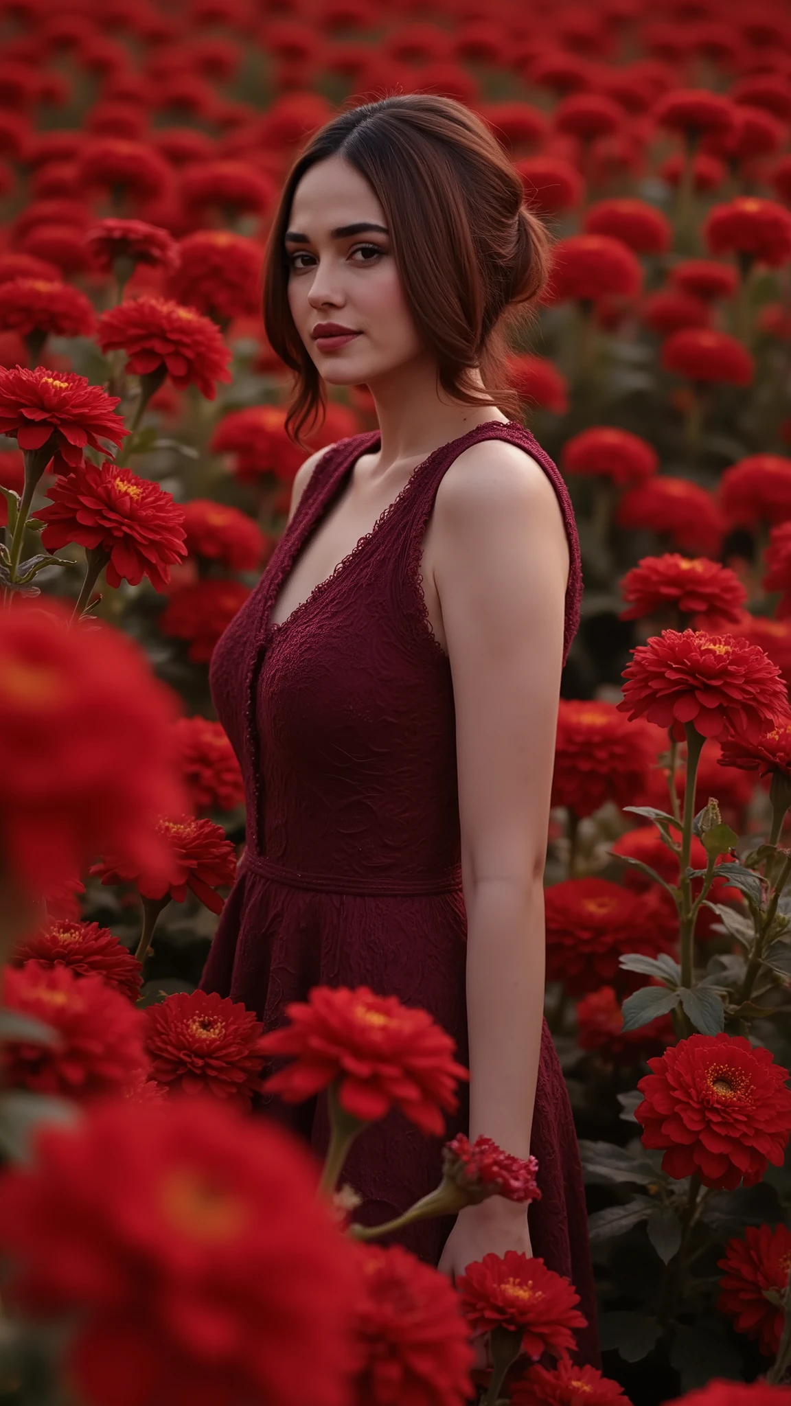 Picture a vast field of richly colored flowers, captured with a vintage film camera aesthetic, giving the image a classic, grainy texture reminiscent of analog photography. In this field, a woman in a dark red, retro-style dress is surrounded by a sea of dense blooms, all in varying shades of red, burgundy, and purple. The flowers fill the scene completely, with no visible foliage, creating an impression of a timeless, endless floral expanse. The colors are slightly muted and the contrasts softened, as if faded over time, to enhance the nostalgic, film-like quality of the photograph.