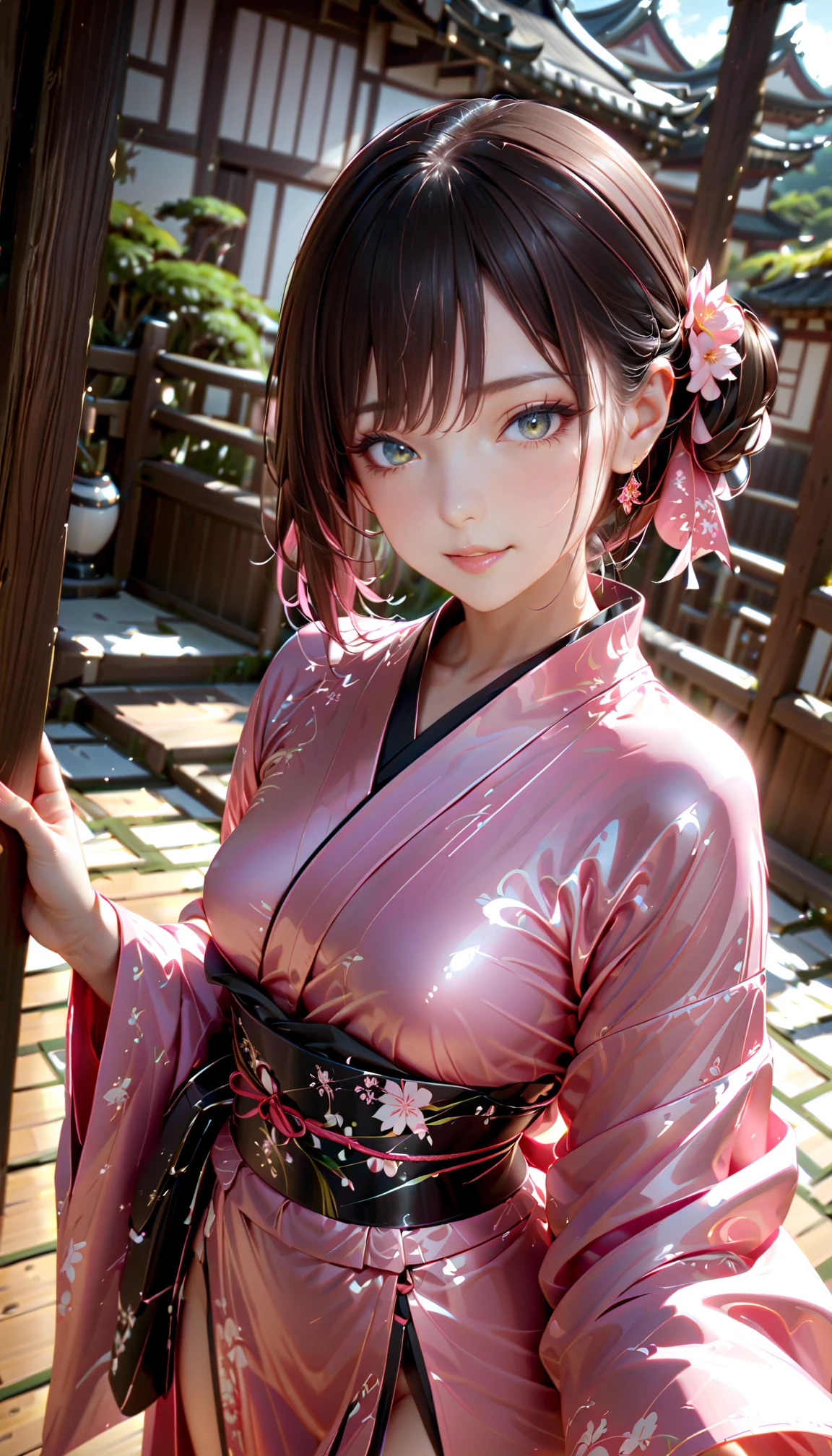 (Masterpiece, BestQuality:1.3), (ultra detailed:1.2), (hyperrealistic:1.3), (RAW photo:1.2), High detail RAW color photo, professional photograph, (Photorealistic:1.4), (realistic:1.4), professional lighting, perfect anatomy, (Big Breasts:1.2), (blush, detailed face), (cheerful Smile:1.5), Trending Hair&Trending Hairカラーをランダムに, earrings, necklace, bracelet, sexy, erotic sexy, Random sexy gravure poses, (A beautiful pink-haired woman wearing a bright white yukata、sitting by the pond in a Japanese garden。She has a relaxed smile。:1.3)