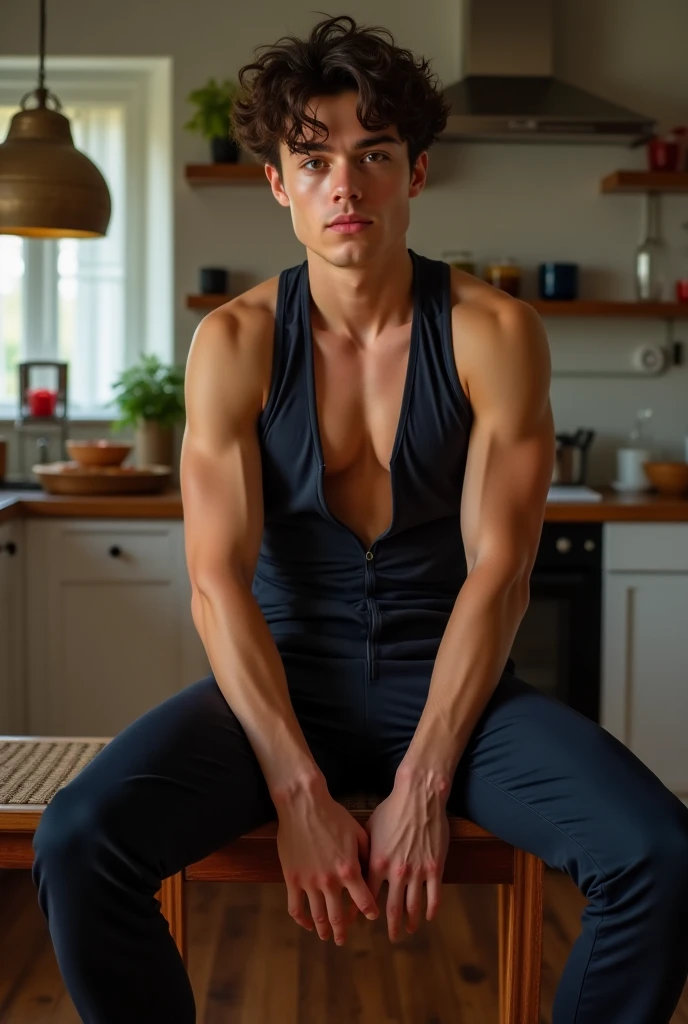 English man with blue eyes, cabelos castanhos, com barba, parecido com Tom Hiddleston, black pants, sem camisa, imagem realista detalhada
