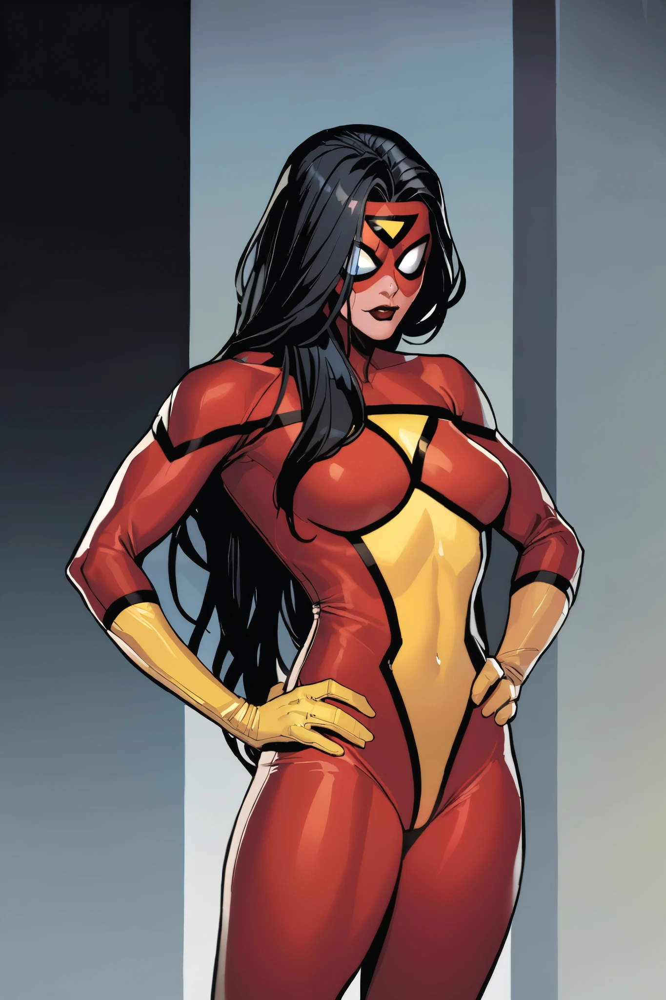 sw_jessicadrew, 1girl, solo, long hair, black hair, lipstick, white lenses, covered eyes, domino mask, superhero, red bodysuit, yellow gloves, yellow boots, cowboy shot, standing, masterpiece, best quality, hands on hips, capless