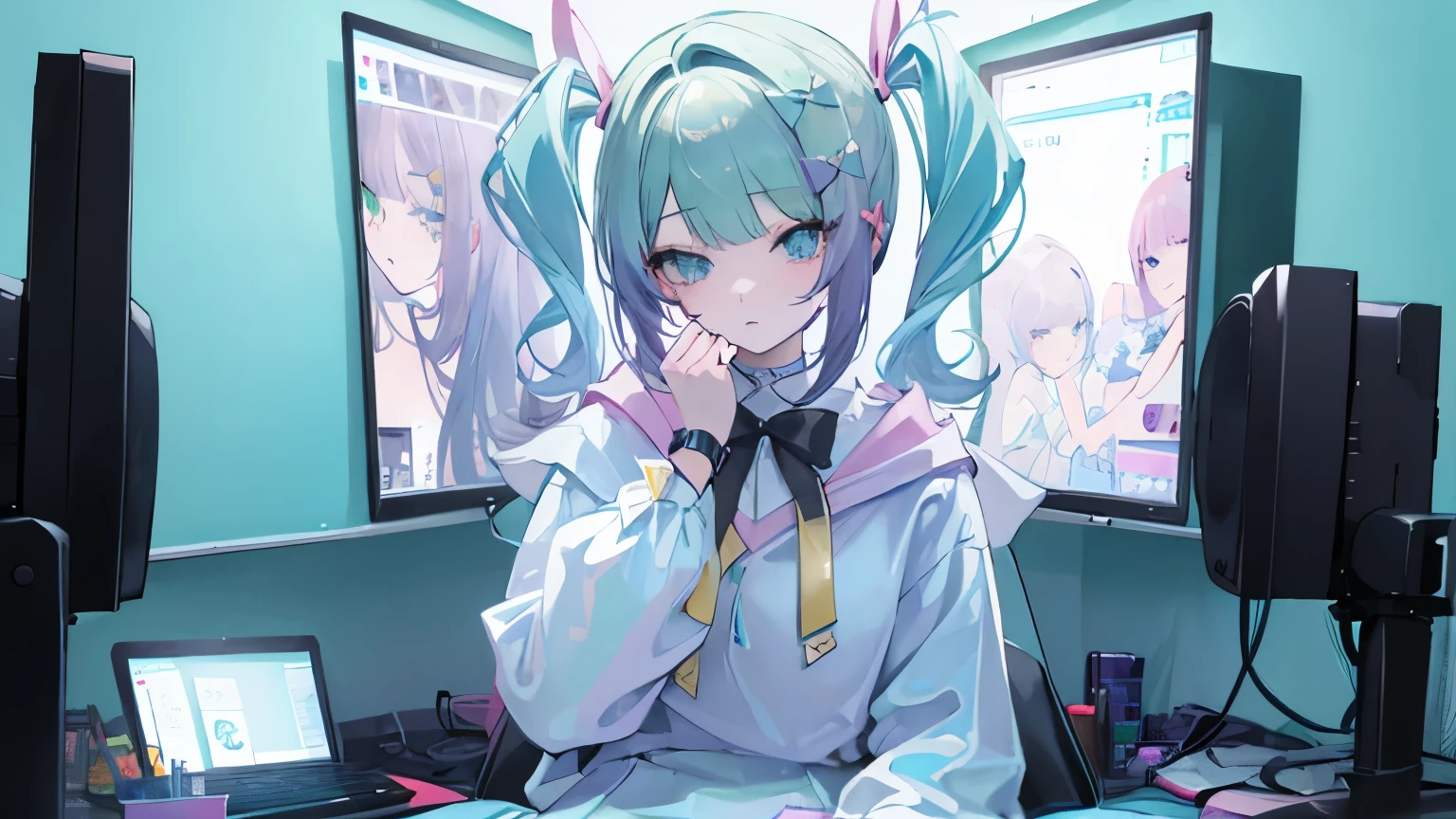 (( Masterpiece, top quality)), 1 girl, difficult, green,, watches viewers, pastel game room background, light blue hair