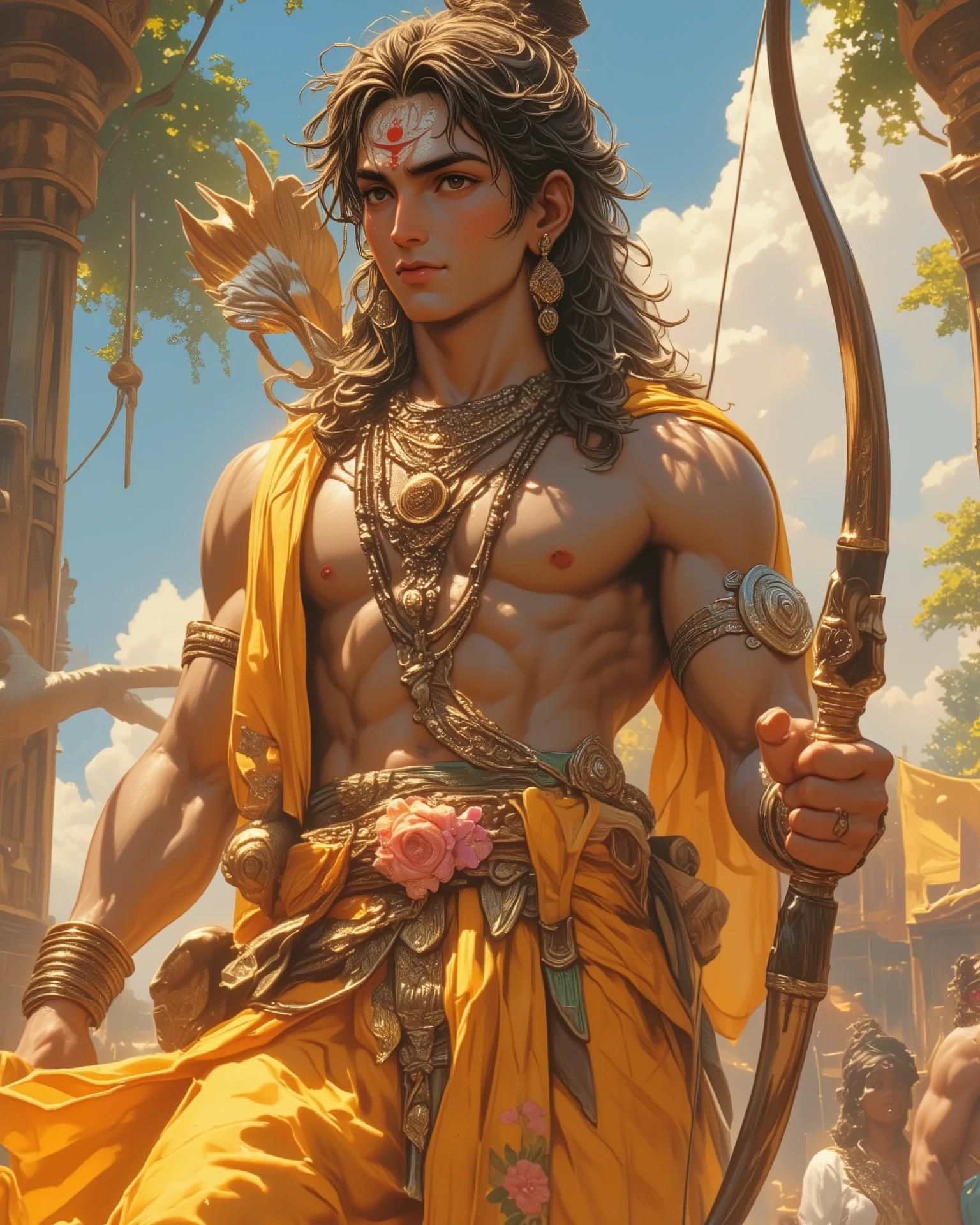 Lord Ram looking in attitude pose with bow in his hand, wearing saffron coloured flowered dhoti, matted hair on his head, wearing Rudraksha beads around his neck, Rudraksha bracelets on his hands, red tilak on his forehead