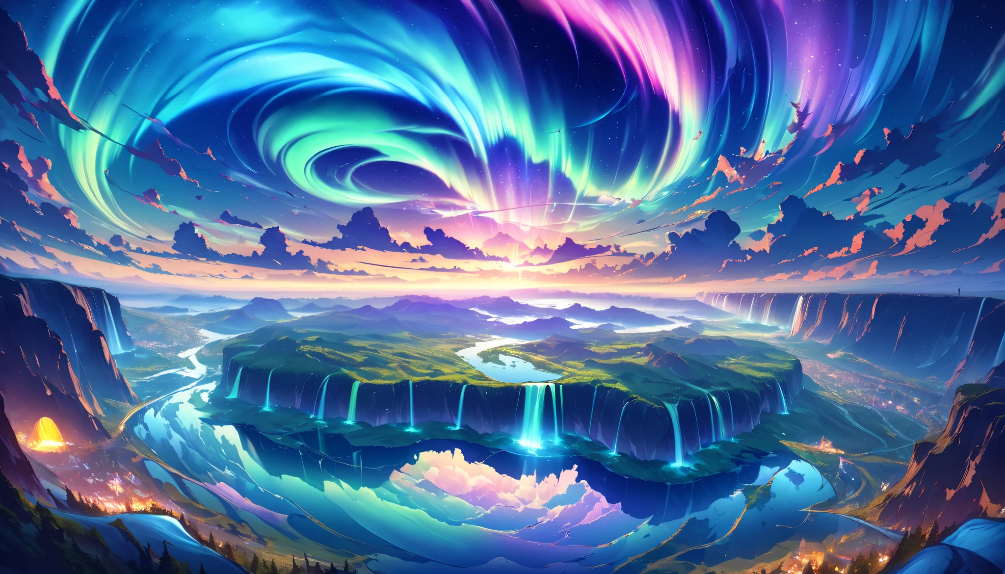 paradise, colorful,A dreamy fantasy landscape,Extremely Coloured Scenery, cloud, light piercing through the cloud,Spectacular and majestic views, shot with a fisheye lens , Large planets and auroras are visible in the sky,Multiple beautiful waterfalls,Water surface reflection, Serene waterfall,flower々, quiet atmosphere, Richness in details, Surreal Beauty , magical aura, Fantasy Scenery , high quality digital art , vibrant colors, amazing lighting , A fascinating scene , Artistic Expression, A sense of another world, Beautiful brushwork, Spectacular views, Peaceful serenity , x} Immersive Experience , Breathtaking Scenery , Picturesque Scenery , Mysterious charm, Mysterious Atmosphere , nuance, Magical Dreams.No people appear,