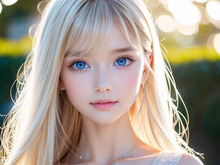 Crystal clear and shiny skin、Cute 13 year old with beautiful face、Very large, beautiful, bright, pale sky blue eyes、Very big eyes、Super long straight hair that shines in the light、Long, silky bangs that cover her cute eyes、Hair that hides sexy features、too long bangs、Sexy and cute young beauty、Super long natural young blonde hair with sparkling highlights Blonde over one eye Blonde over one eye、Blonde hair between the eyes