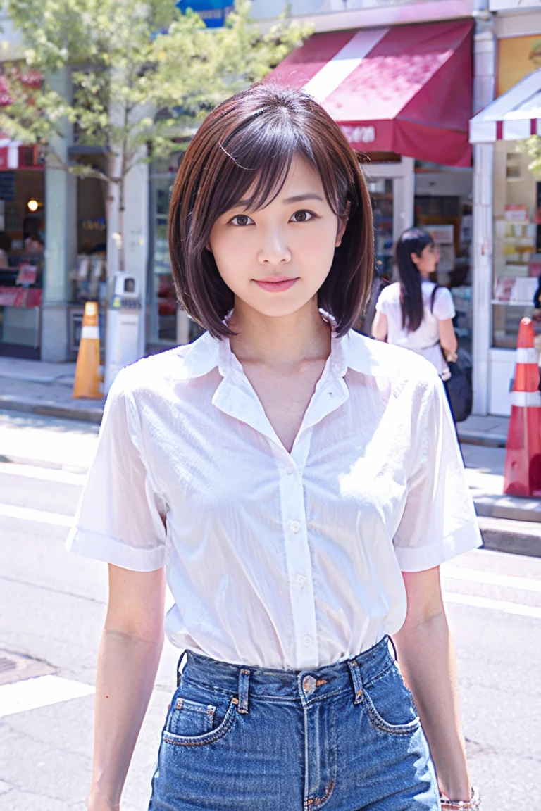(The skin is wet from sweat),leaning forward,Cleavage,Station platform,Wearing a shirt,smile、skirtリフト、skirtを手で上げる,woman, 20-year-old, Black short hair、bangs、(skirt),(Lace panties)、Cute earrings