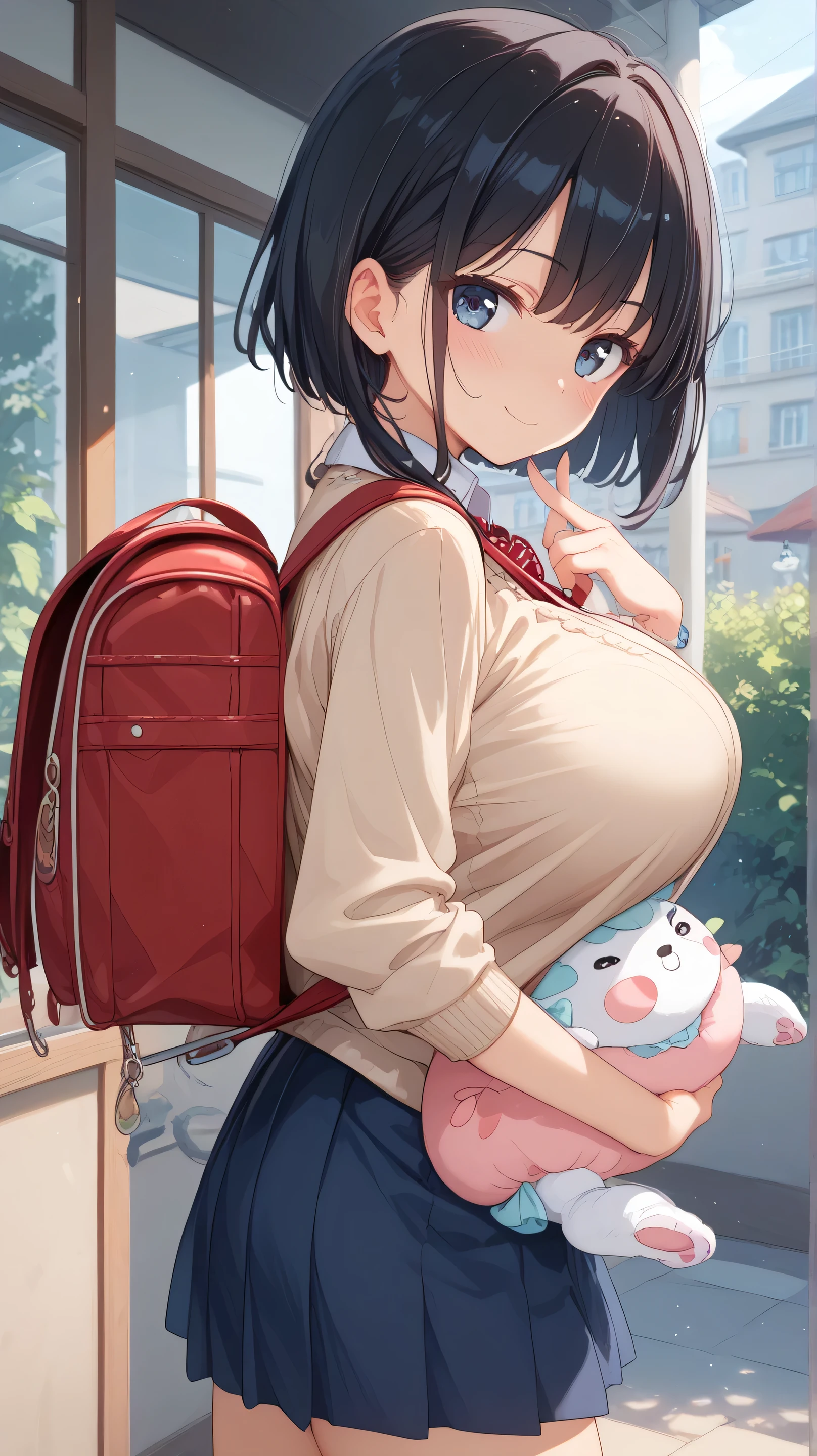 female
Carrying a red backpack。
black hair shortcut
Breasts are big。
My breasts are huge and my breasts are more than twice as big as my face 、Drooping。
is wearing a sweater。
miniskirt
Retrospective figure
、
乳が大きいDroopingでかすぎる