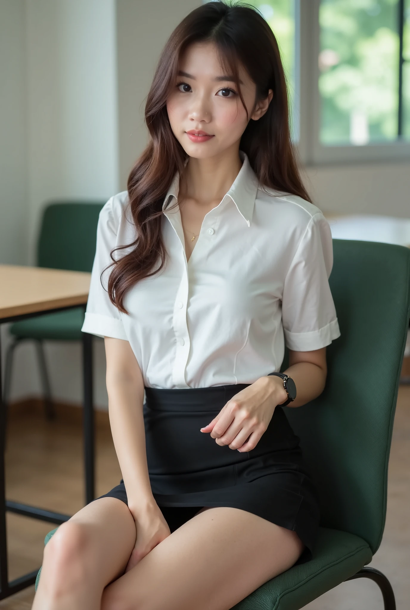 Close up,1 girl{{A beautiful girl wearing a white short-sleeved shirt and a black short A-line skirt}} stood in the classroom. sexy poses with several lecture tables set up behind it There is a sliding glass window. There was evening light streaming into the room.