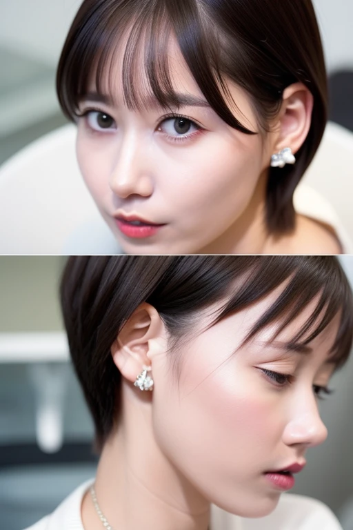 (Highest quality,High resolution,Pixel perfect,8k), (1 Girl:1.2), Beautiful woman,((Wavy mid-length hair, bangs, Brown Hair)), ((Brown eyes, Beautiful eyelashes, Realistic eyes)), ((Detailed face, blush:1.2)), ((Smooth texture:0.75, Realistic texture:0.65, Realistic:1.1, Anime CG Style)), Medium Chest, Perfect body, (Earrings,necklace,A shy smile), ((nude:1.1), (Multiple Views,Two views)