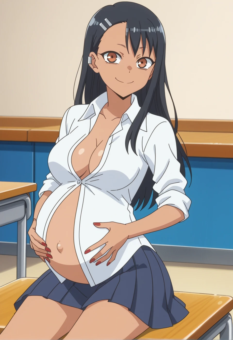score_9, score_8_up, score_7_up, source_anime, anime screencap, anime coloring,
hayasenagatoro,
hayase nagatoro, long hair, black hair, hair ornament, brown eyes, hairclip, fang, dark skin, dark-skinned female, tan, short shirt, bikini, unbuttoned, nail polish, red nails, earclip,
indoors, classroom, bent over,
looking at viewer, solo, ((shows her belly)), ((pregnant belly)), huge belly, rub belly,