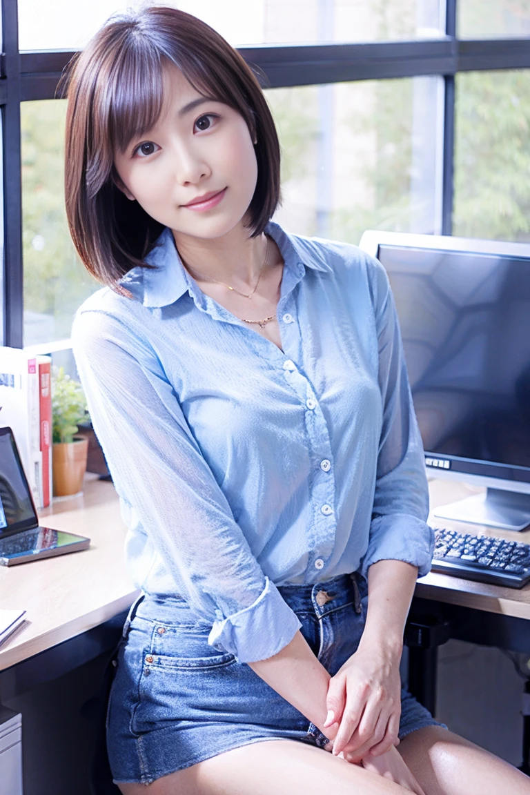 2 girls, office, (standing:1.1), 22-year-old, (Small breasts:1.3),(skinny:1.2),(short sleeve blue sweater:1.2),AKB48,nogizaka46,smile,beautiful girl,highest quality,High resolution,be familiar with,perfect anatomy,beautiful and fine eyes,office Chair,office Desk,laptop,bob cut,(smile:1.2),(open legs:1.3),(fullnude:1.8),(show pussy:1.6),(cowboyshot:1.2),