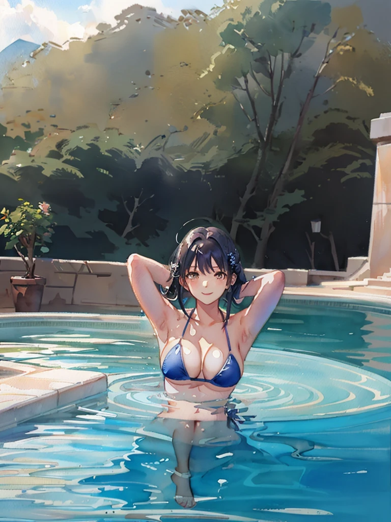 High school student、Scroll swimwear、HugeBoobs、beautifull face、short-hair、The pubic area is clearly visible from the top of the swimsuit、opening legs、Japanese people、((backgrounds)) Rooftop Pool、(8K、Raw photography、Masterpiece) --auto