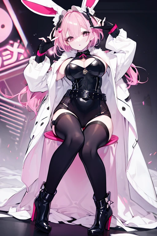 (Upper body:0.8),Science fiction,1girll,Glasses,Curly hair,Tights,Nobita,Tights,War suit,Plastic skirt,(Transparent material:0.9),low chest,Long white hair,Black stockings,Translucent material,(Gray and bright pink:1.3), (groundvehicle:1.1),