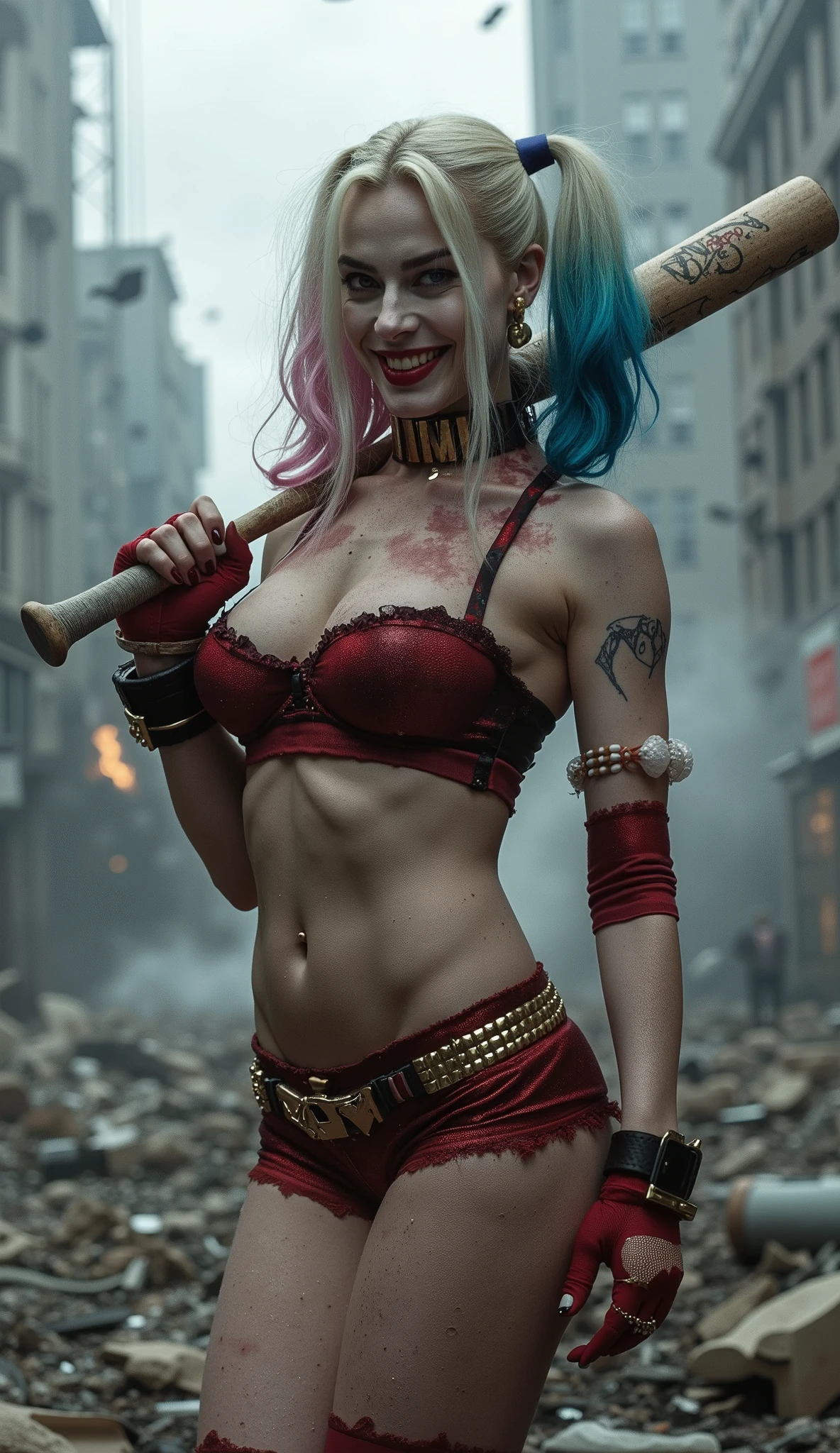 Margot Robbie As Harley Quinn, no clothes, no underwear, sexy pose, seductive, flirting, looking at viewer, sexy red lingerie, sexy red thong, sexy red lingerie, sexy red thong, sexy red lingerie, sexy red thong, sexy red lingerie, sexy red thong, sexy red lingerie, sexy red thong, sexy red lingerie, sexy red thong, holding baseball bat, standing, wild evil grin, teeth visible, upper body, destroyed city, destroyed buildings, smoke, dust, flying debris, daytime, cloudy