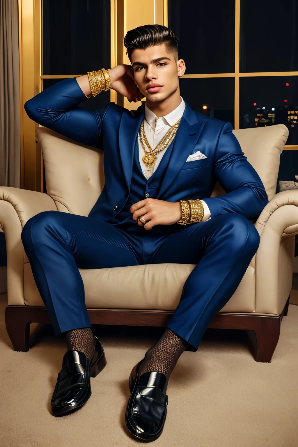 luxurious penthouse, night, full body view handsome muscular & artificially tanned white male model, deeply lifted face with siliconed inflated swolen luscious lips & cheekbones, hyper-tiny nose, chiseled jawline, black pompadour shaded hair blue blends lapi lazuli-BLUE EYES, dapper silky suit, dozens of precious diamond rings, necklaces, bracelets, showing off his fashion chic loafers & black sheer socks, sprawled on armchair holding banknotes & golden iphone. sheer socks must be seen. Power, gay, domination, luxury
