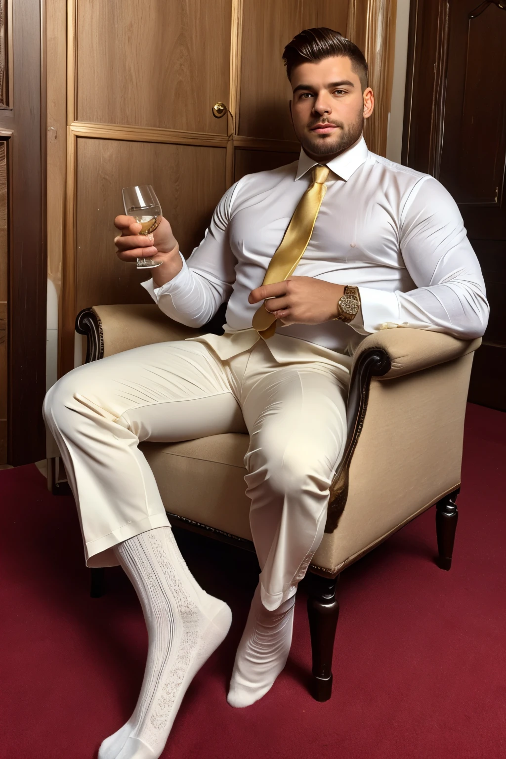 full body view of a young muscular french white male politician with short brown chic undercut, wearing white shirt, tie, dapper black full suit with pants revealing his sheer white nylon-socks, no shoes, precious antique gold signet ring, arrogantly laying on beige chaise lounge, luxurious manor's gardens. His white sheer socked feet must be seen while an older & chubby dapper guy serving him a whisky . His feet in white somptuous nylon-socks must be seen and look sweaty. Luxury, power