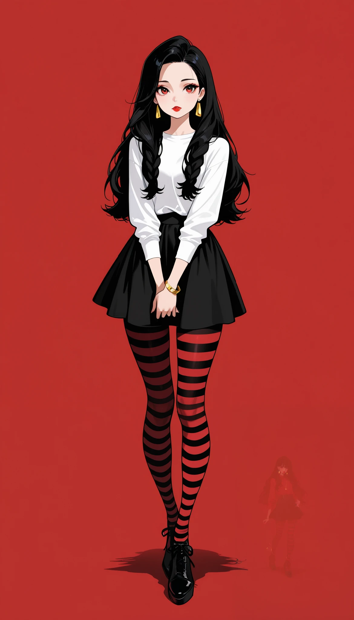 1 girl, Alone, length_hair, skirt, simple_background, shirt, black_hair, jewelry, standing, full_body, braided, pantyhose, earrings, shoes, striped , black_ skirt, hair_ good, twin_ braideds, double_ good, compensate, own_hand_together, lipstick, red_background, striped _ thigh high socks, _ fashion, red_lips, striped _ pantyhose