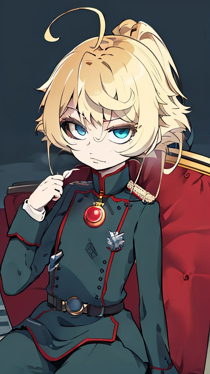 ( Masterpiece, top quality: 1.1), in the seat alone, listen, in the seat, alone, , flat chest, small breasts, Winding, military, military uniform, ,, , Malicious Expression , anger, Red Eyes, neutral lighting