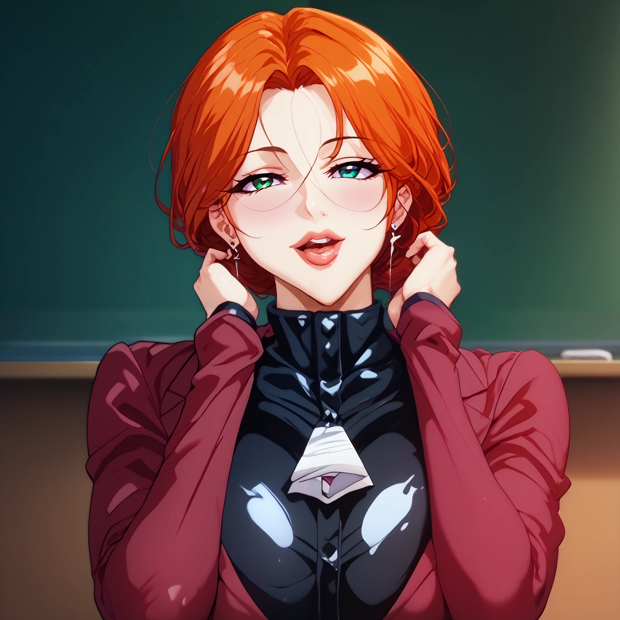 high resolution、 mature woman(30th Generation)、face(beautiful)、lips(Luscious ants)eye(Cut long)、eyeの色(Purple)、 shortcut( redhead)、face( show off your forehead )、Clean and beautiful、 style( Slender)、笑face、、スーツ style( shirt (white)、 skirt(green)).feet(heel).noon、sunny、classroom、 blackboard 、Put your hair up、Accurate overall depiction、 style( Slender)、笑face、 makes a little buzz、standing full body.