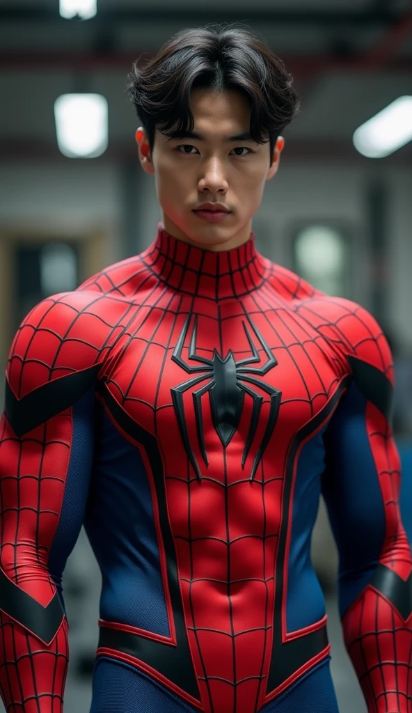 young Korean boy in a detailed Spider-Man suit, red and black color scheme :: high detail, highly detailed spider, highly detailed eyes, highly detailed fingers, Full Body Shoot, Quiff haircut, dynamic pose, look at camera, detailed facial parts, Manly, night, cityscape, city lights, detailed city roof background, Sex Manaice, perfect anatomy, symmetric body, asian, 19 years old, realistic, human skin, Short Hairstyle, handsome chad chin, handsome, sitting, open legs, attractive, masculine, sexually attractive, human skin, (eyes contact), Attractive, big bulge in hip pants, super fine, depth of field, perfect composition, centered