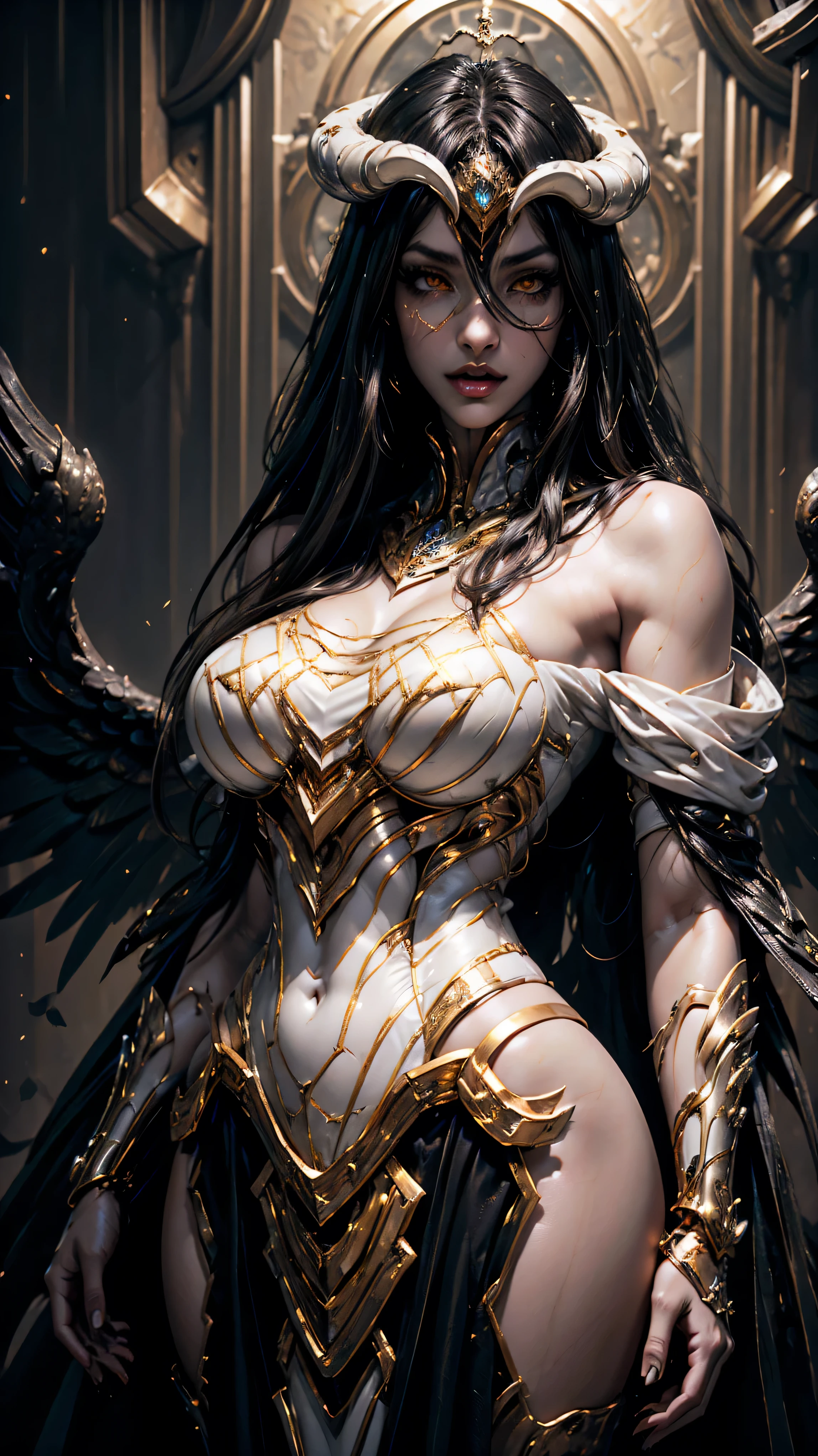 A (super realistic, 8k_resolution) beautiful sexy woman(albedo _overlord) with (orange_eyes with perfect_detailing) and white_attire(detailed) with gold jewellery on perfect huge sexy breasts, beautiful breast, black long beautiful hair, hyper detailed black wings ,(wallpaper style eyes )(wallpaper style body pose)(standing in middle with complete face visible and both eye to eye contact)(every thing with best detailing)