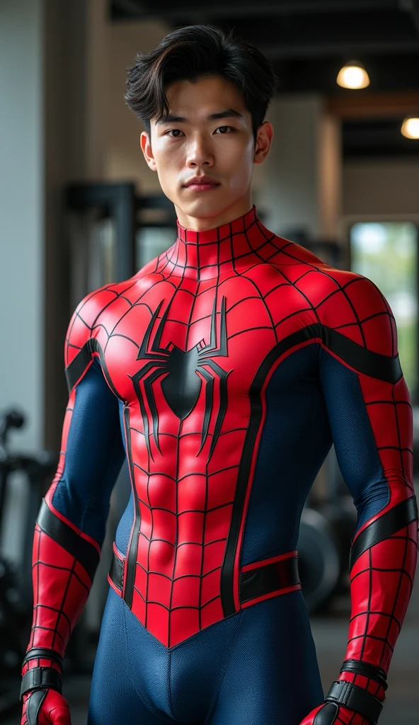 American man very handsome, muscular, so sensual, so handsome, so charming, hot body, men, full body, fullbody, spiderman costume, gold and white suit,