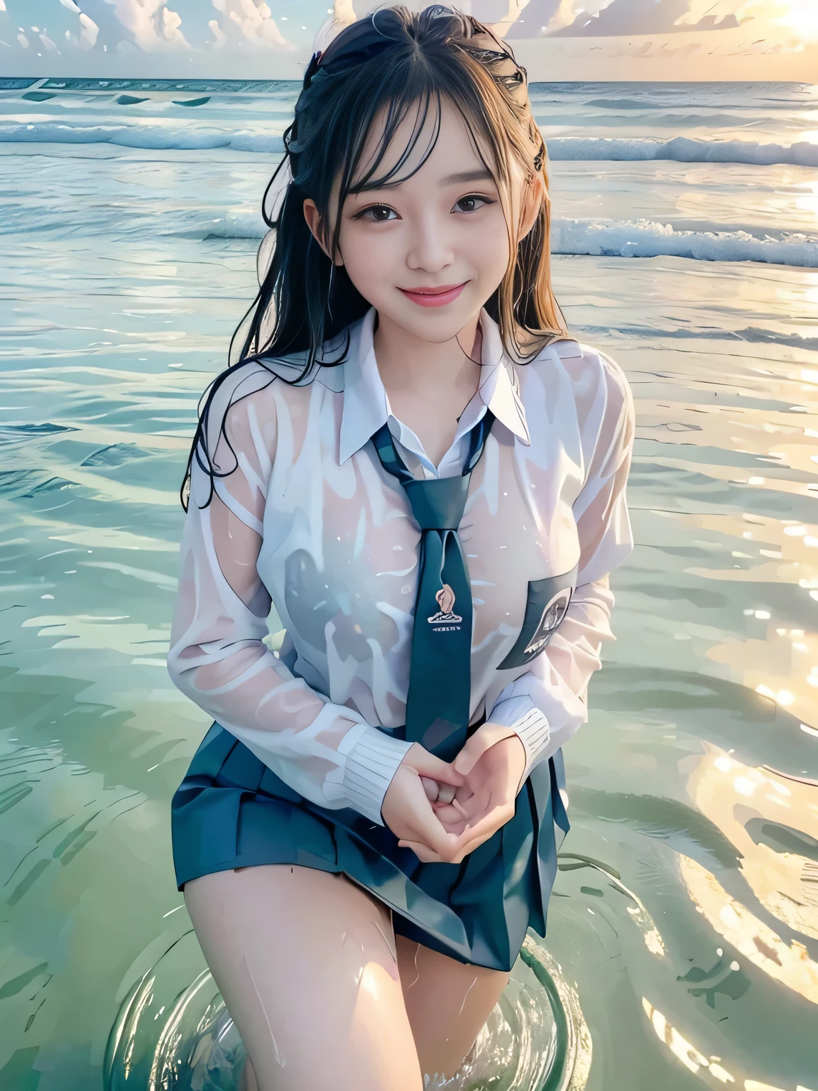 (masterpiece, best quality, detailed), 1girl, solo, looking at viewer, c.c., yellow eyes, green hair, long hair, bangs, medium breasts, straitjacket, white bodysuit, white shoes, water, partially submerged, from above, afloat, shallow water, parted lips, lying, on back, long sleeves, wide sleeves,