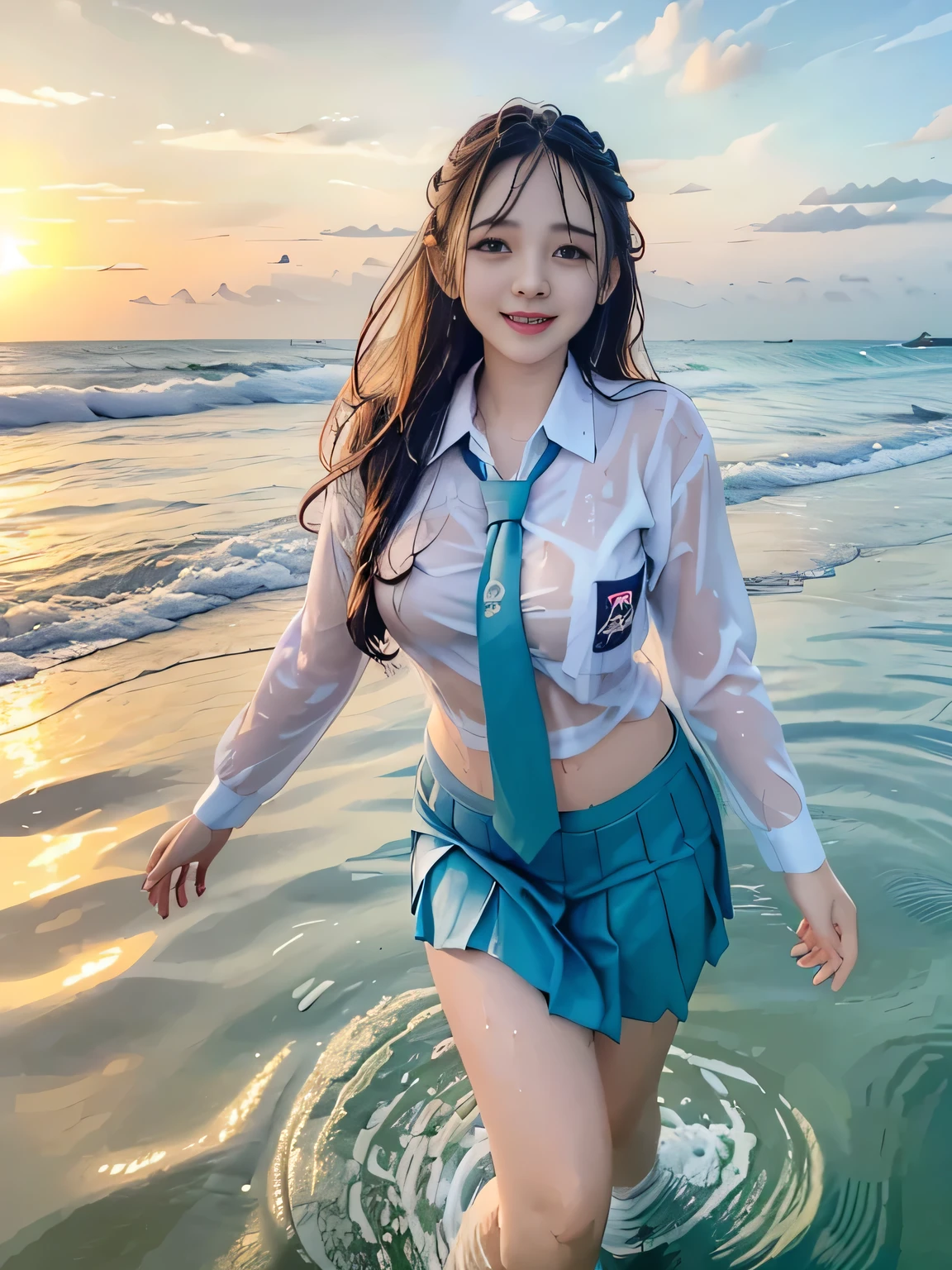 20 yo Indonesian girls in school uniforms playing in the water, at the beach, sunset, twilight hour, magic hour, wet sand, waves, long sleeves, 2 girls, (cardigan), ((loose tie)), ((pleated skirt)), closeup fantasy with water magic, beautiful maidens, playful, (splashing) wearing a skirt made of water, cleavage, photorealistic, dripping wet, in water up to their shoulders, beautiful realistic photo, nymph in the water, hyperrealist portrait at seaside, hyperrealistic fantasy photo, splashing,  playing with each other, cute shot, narrow depth of field, 8k,  ((drenched)), ((soaked)), (dripping water), dripping oil, heavy clothes, soaked in oil, wet all over, rouge lipstick, wet dripping hair, varied hair, smiling, ((see throug, varied poses, tropical beach