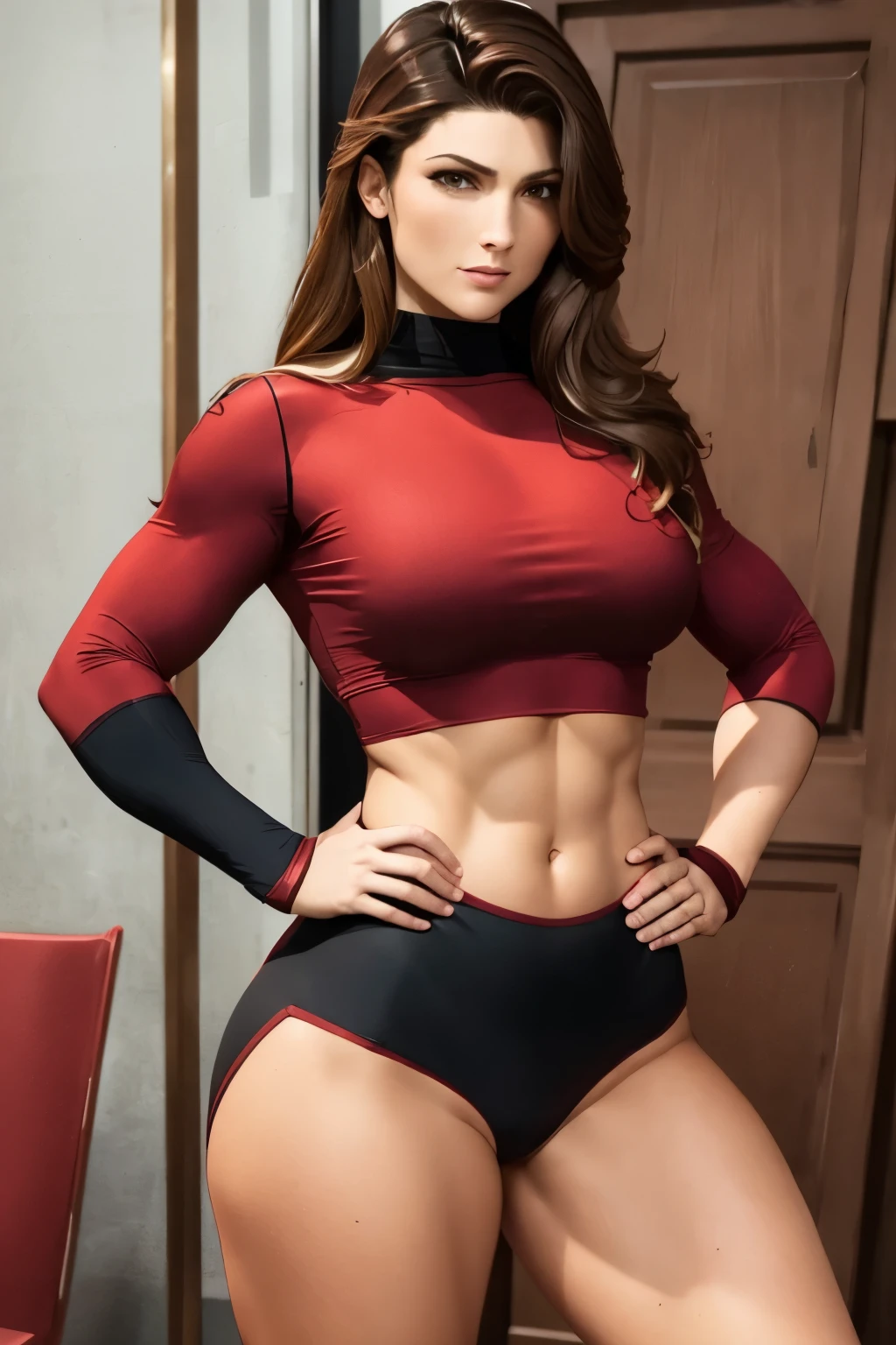 mid 40s milf, fighter, abs, mean looking, threatening looking, alluring, sexy, tight clothes