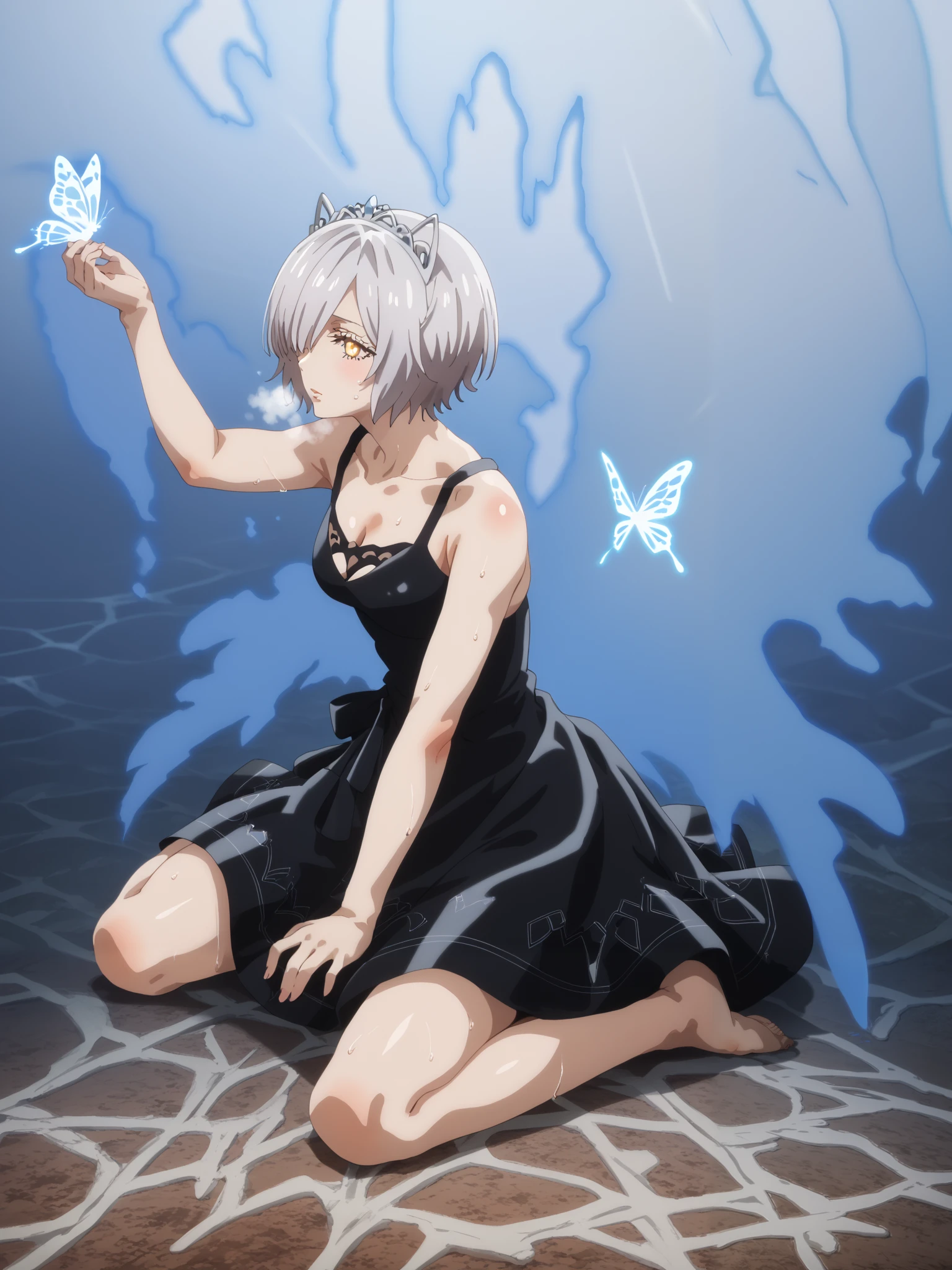 neisan style, score_9, score_8_up, score_7_up, score_6_up, uncensored, chartreux westia, ((short hair)), bangs, yellow eyes, grey hair, hair over one eye, tiara, bright pupils, anime coloring, anime screencap, (voluptuous:1.3), (thick:1.3), BREAK UHD, retina, masterpiece, accurate, anatomically correct, textured skin, super detail, high details, high quality, award winning, best quality, highres, 4K, excessive sweating, sweating, sweating drop, (gasping, heavy breathing:1.3), (skindentation:1.2), perfect eyes, beautiful eyes, eyelashes, makeup, detailed body, perfect body, BREAK, 1girl, solo, dress, bug, barefoot, wings, butterfly, black_dress, sitting, blood, wariza, breasts, cleavage, collarbone, bare_shoulders, (aura:1.4)