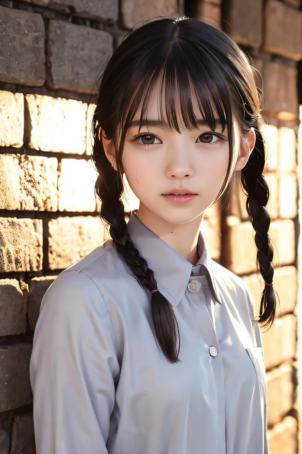 (8k, RAW photo, photorealistic:1.25), (lip gloss, eyelashes, Shiny surface, Glossy Skin, best quality, ultra highres, allows depth of field), (naked shirt, nude, Unbuttoned shirt), (wet hair, short two braids hair:1.5), (Color Difference, caustics, blow lighting, Natural Shading, kpop idol), crying, tears, tearing, sadness, dark dungeon