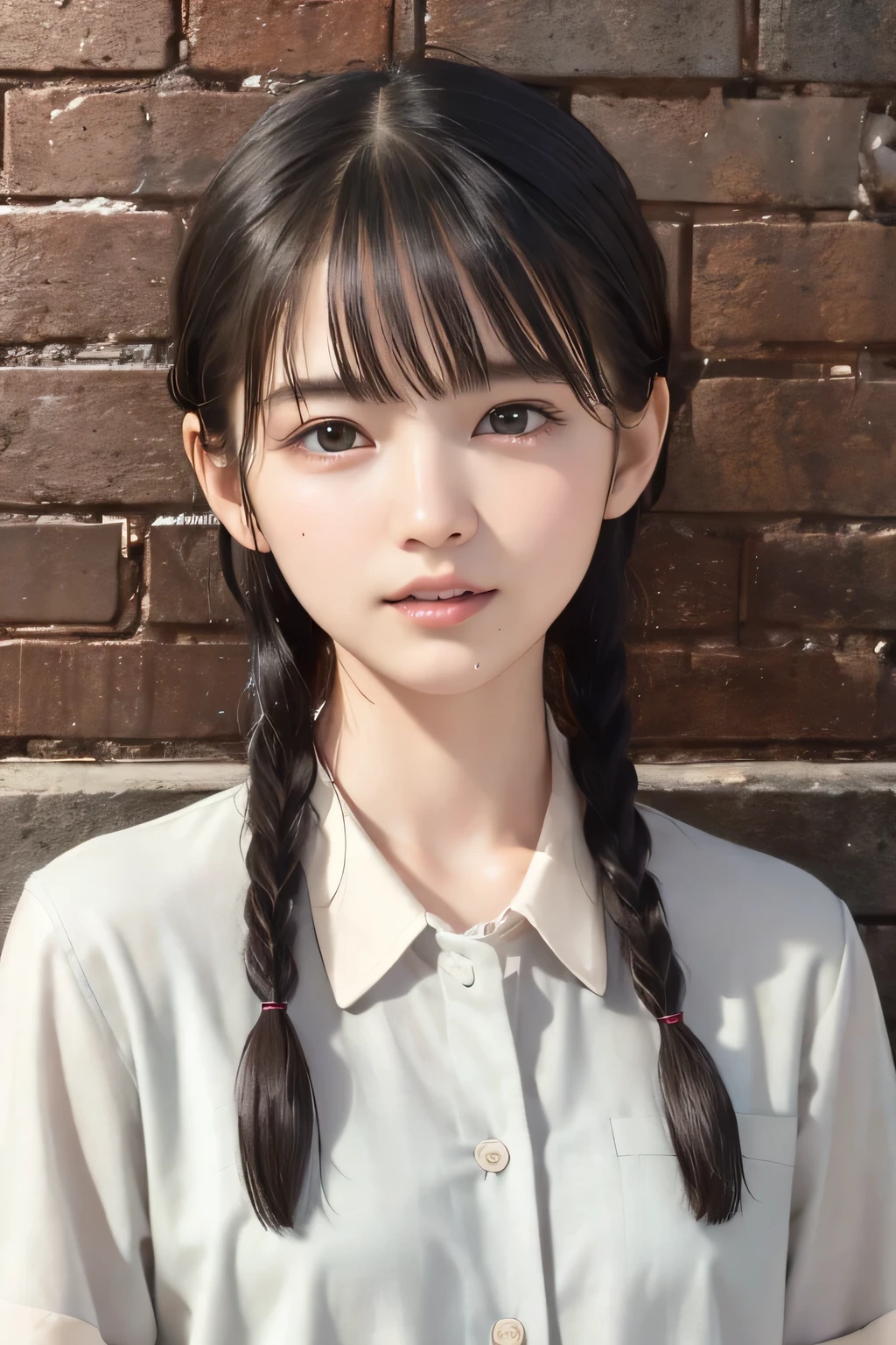 (8k, RAW photo, photorealistic:1.25), (lip gloss, eyelashes, Shiny surface, Glossy Skin, best quality, ultra highres, allows depth of field), (naked shirt, nude, Unbuttoned shirt), (wet hair, short two braids hair:1.5), (Color Difference, caustics, blow lighting, Natural Shading, kpop idol), crying, tears, tearing, sadness, dark dungeon
