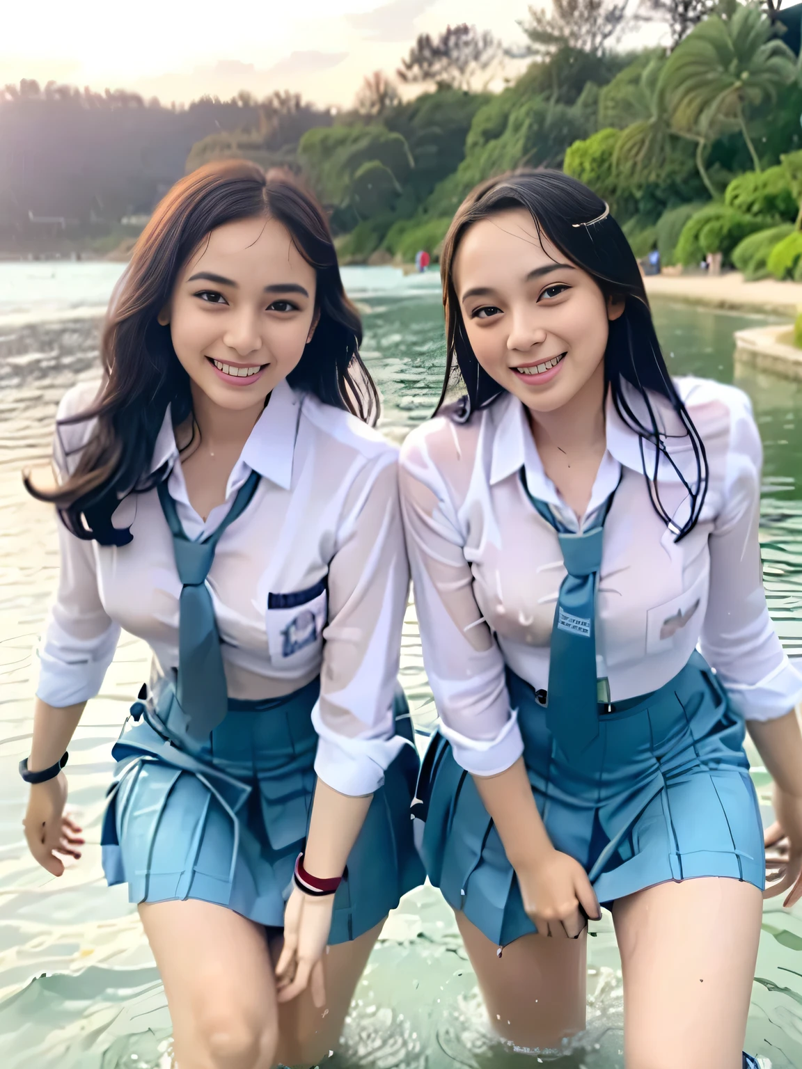 20 yo Indonesian girls in school uniforms playing in the water, at the beach, sunset, twilight hour, magic hour, wet sand, waves, long sleeves, 2 girls, (cardigan), ((loose tie)), ((pleated skirt)), closeup fantasy with water magic, beautiful maidens, playful, (splashing) wearing a skirt made of water, cleavage, photorealistic, dripping wet, in water up to their shoulders, beautiful realistic photo, nymph in the water, hyperrealist portrait at seaside, hyperrealistic fantasy photo, splashing, playing with each other, cute shot, narrow depth of field, 8k, ((drenched)), ((soaked)), (dripping water), dripping oil, heavy clothes, soaked in oil, wet all over, rouge lipstick, wet dripping hair, varied hair, smiling, ((see throug, varied poses, tropical beach