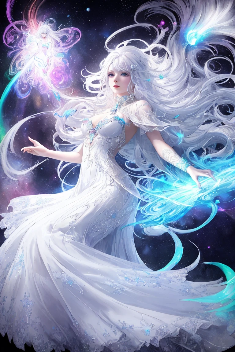 garota anime com longos cabelos brancos e um vestido azul na neve, divindade de cabelos brancos, cabelos brancos flutuando no ar, anime fantasy illustration, flowing white hair, beautiful young wind spirit, belo anime de fantasia, shiny and flowing hair, ethereal anime, lindas obras de anime, linda arte digital, arte de fantasia de anime, ((uma linda imperatriz de fantasia)), 2. 5 d cgi arte de fantasia de anime