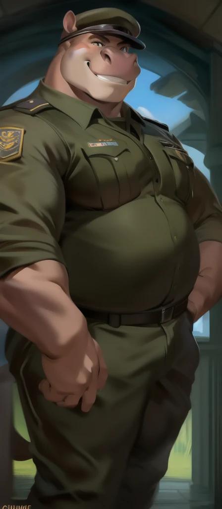 best quality, masterpiece, 1boy, men, A handsome, mature black man. Looking at viewer, model shot. Brutalmass, giant, muscular physique, bulk. His features are well-proportioned and symmetrical, giving him a classic and handsome appearance. He is dressed in a stylish and sophisticated military outfit. Overall, the man exudes charisma, charm, and an air of sophistication and refinement. Gothic, skyscraper, wood