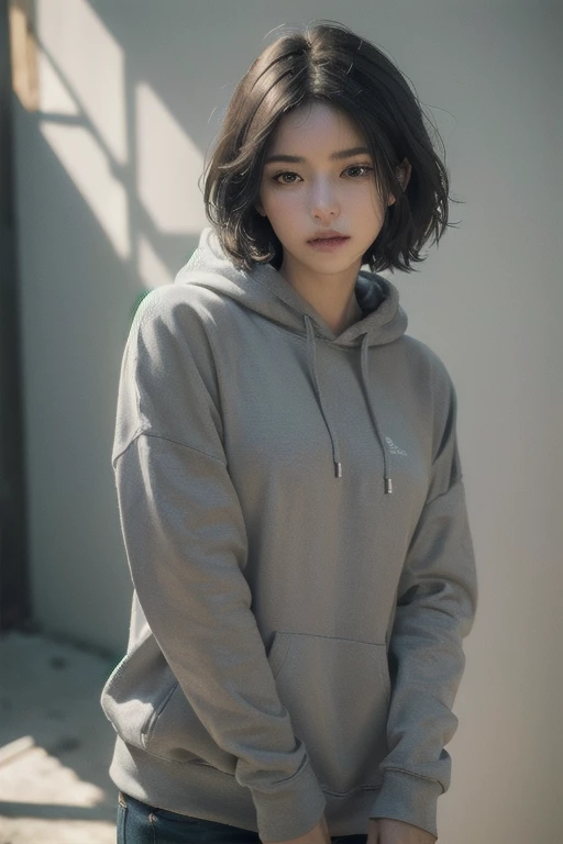 long shot portrait of cute 23 yo girl, looking front,(busty body shape) ,wear ((orange color oversized hoodie)), wear ((purple tennis skirt)),Best Quality,Masterpiece,Ultra High Resolution,(Realisticity:1.4),Original Photo, 1Girl, light ????,ultra high resolution,UHD,beautiful, (black bob hair), almond eye, no makeup, in front of (80's mondrian architecture motel), (realistic:1.2), (surreal:1.3), (very detailed:1.1), ((masterpiece)),summer, blue sky, palm trees,sunny, los angles vibes,film camera, 800mm lens,style of Philip Lorca diCorcia