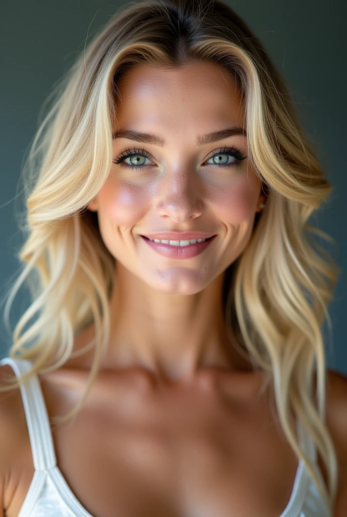 Pretty beautiful French latina blonde taking a Selfie looking directly at the camera, Selfie, Cleavage, Very detailed, Naturally Wavy Hair, Iris, High resolution, Head&#39;artwork, Best Quality, Intricate details, Very detailed, Sharp focus, Detailed skin, Realistic skin texture, texture, Detailed eyes, Professional, 4K, Cute Smile, Taken with a Canon, 85mm, Slight depth of field, Kodak Color Vision, Perfectly Fit Body, Very detailedな, photograph_\( Ultra\), photograph写実主義者, Realistic, After treatment, Maximum details, Roughness, Real Life, Ultrarealistic, Photorealism, photographie, 8k er, photographie, Ebony peel、Black Hair